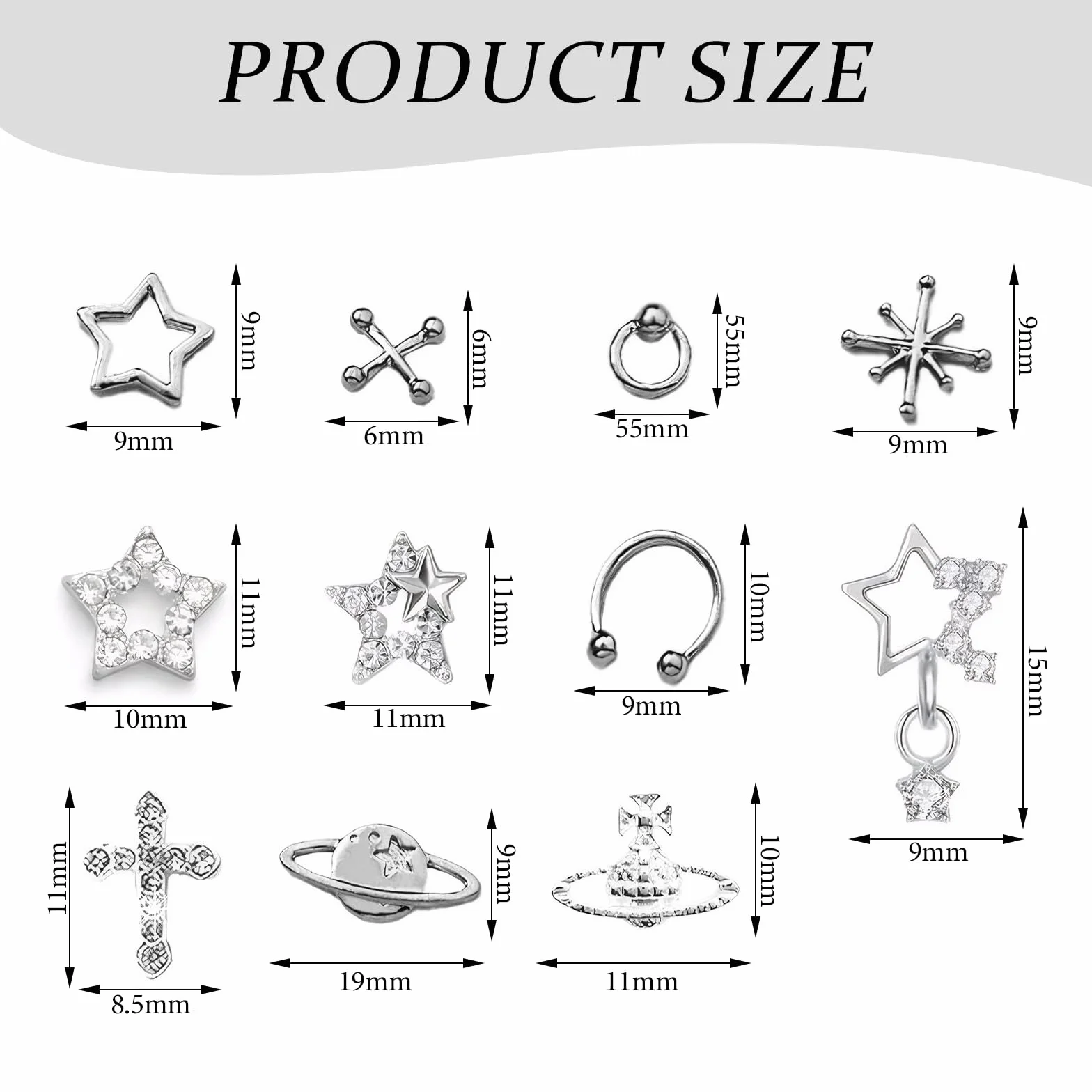 Charms do paznokci 110 sztuk Charms na paznokcie 3D srebrne Charms do paznokci W zestawie znajduje się 1 szczypce Dekoracje do paznokci Dostępne w 11 różnych stylach Nadaje się do dekoracji paznokci