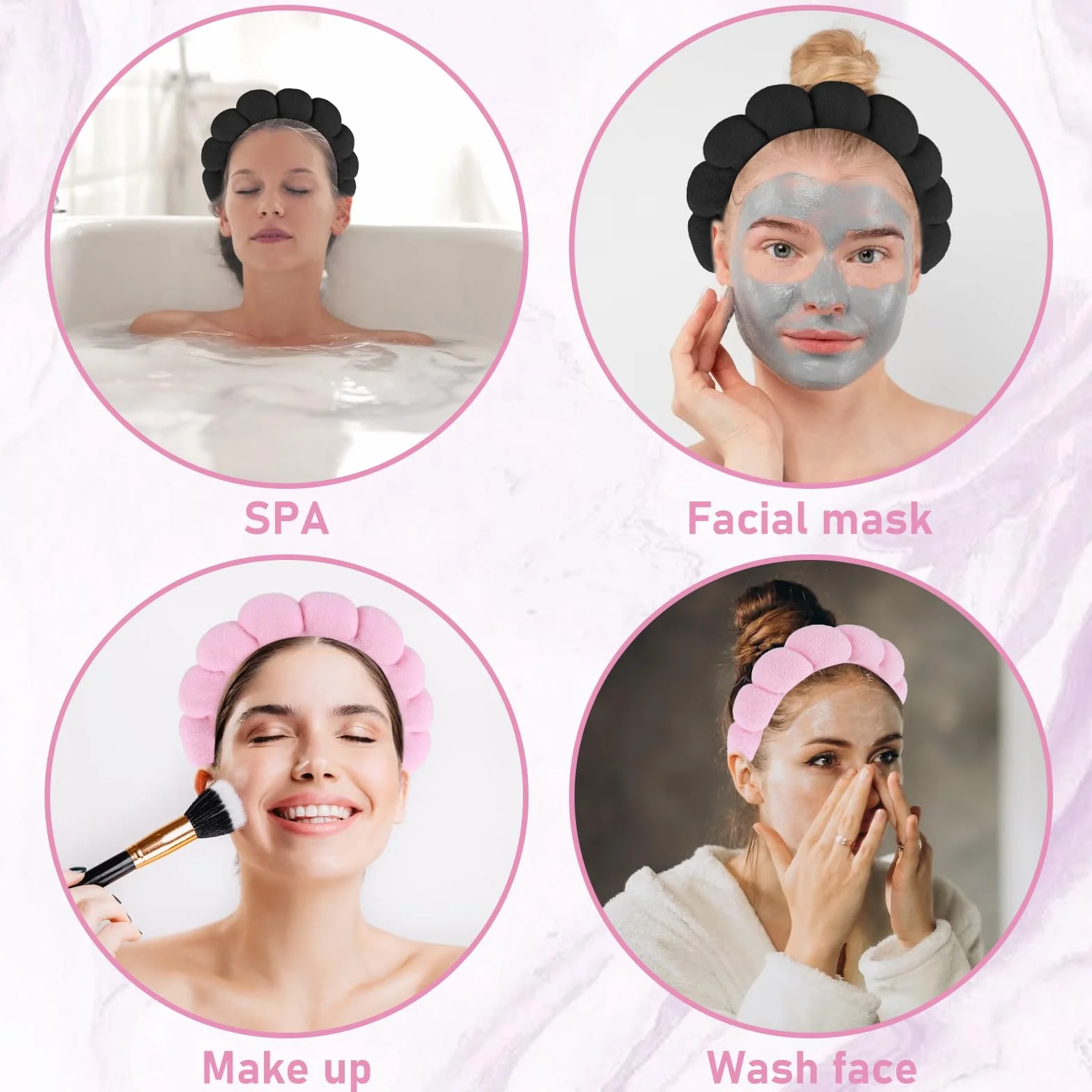 Spa opaski na czoło dla kobiet, zestaw 2 sztuk, gąbkowa opaska na czoło do mycia twarzy lub zabiegów na twarz, pielęgnacja skóry, opaska na czoło do makijażu, materiał frotte, puszyste akcesoria do