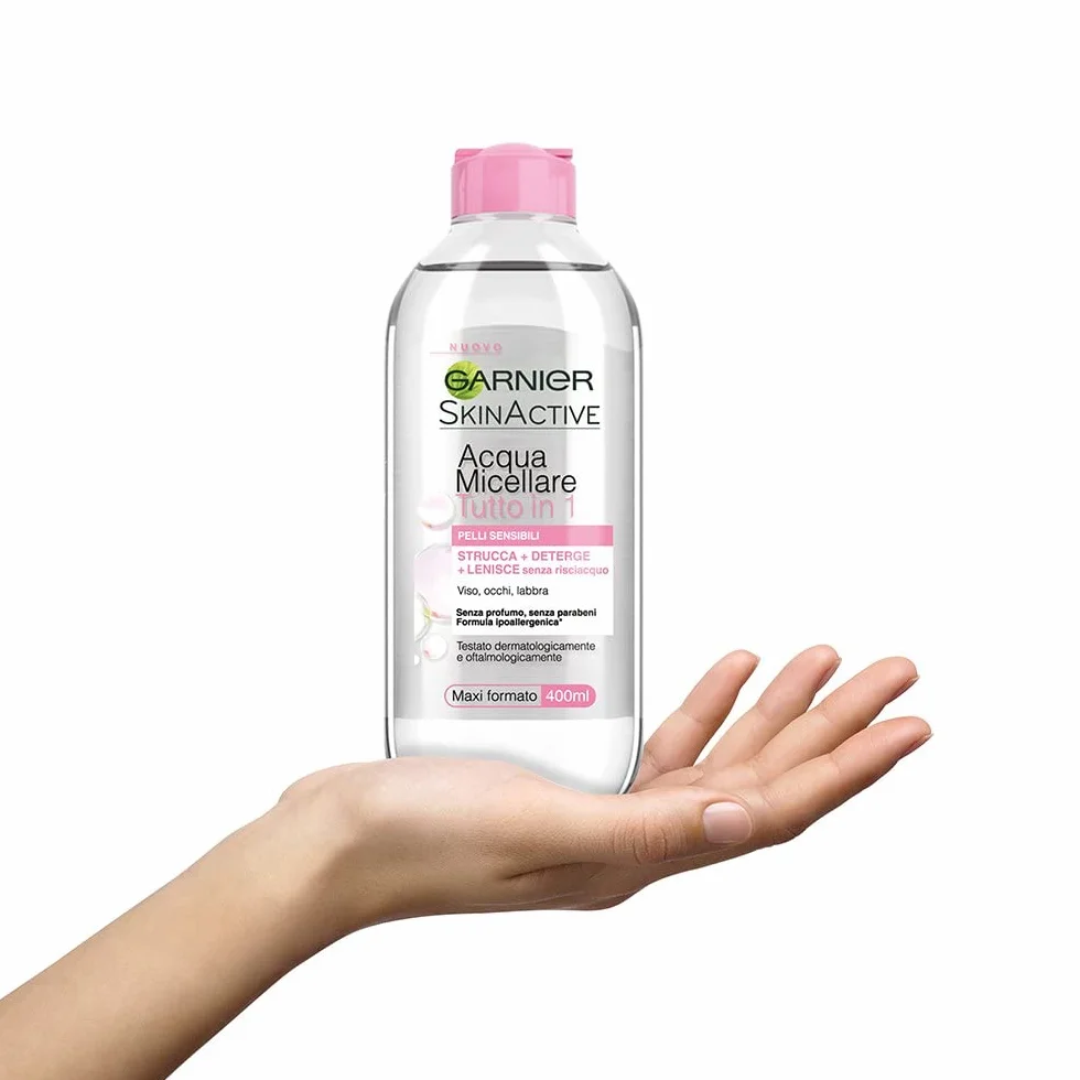 Garnier SkinActive micelarna woda micelarna All-in-1, do skóry wrażliwej, 100% demakijażu, oczyszczona i nawilżona skóra do 12H, bez pozostałości i bez spłukiwania, z micelami i gliceryną, 400 ml