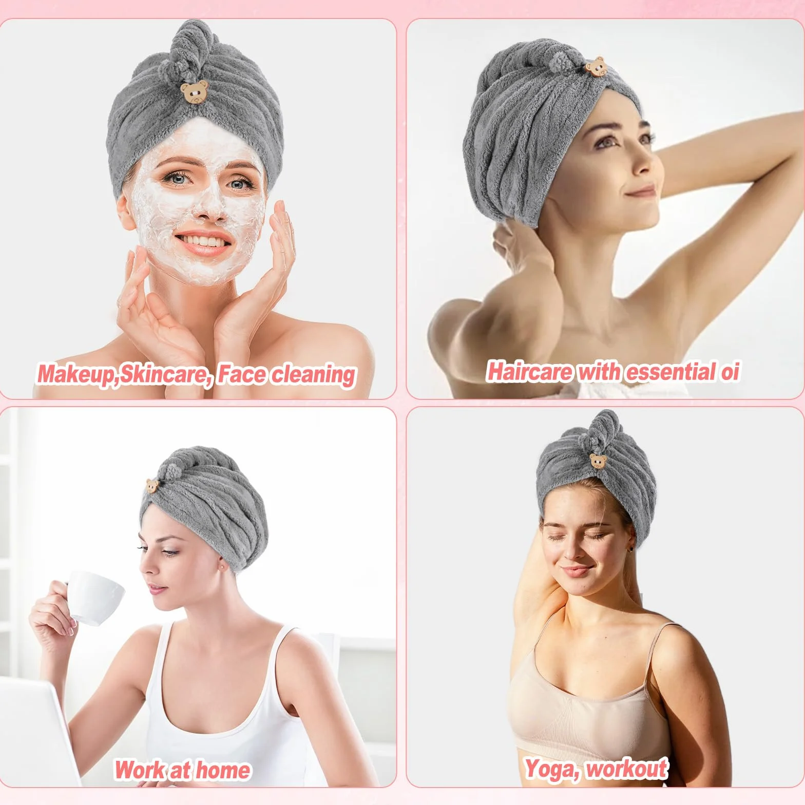 oruola Ręcznik do włosów, z mikrofibry, chłonny turban do włosów, szybkoschnący, turban z guzikiem, czepki do włosów do suszenia włosów, ręcznik z mikrofibry, do domu, podróży (kolor szary)