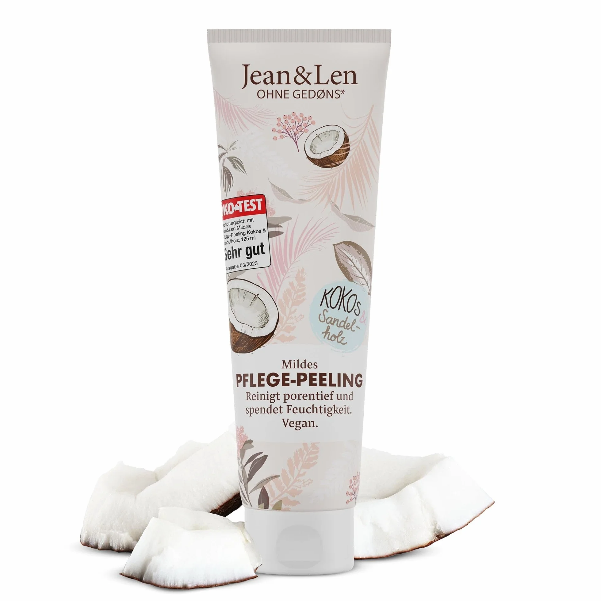 Jean & Len Kremowy peeling pod prysznic, drewno kokosowe i sandałowe, głęboko oczyszcza pory i odżywia skórę, z naturalnymi perłami piaskowymi, peeling do ciała, bez parabenów i silikonów, wegański,