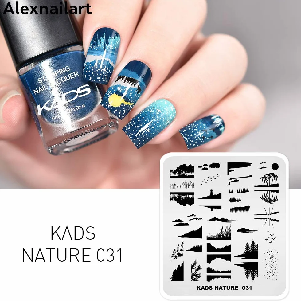 Tłoczenie paznokci talerz obraz szablon natura sceneria zachód słońca gwiaździste niebo drzewo kokosowe jezioro odbicie wzory stempel zdobienie paznokci dekoracja DIY manicure design narzędzie do drukowania