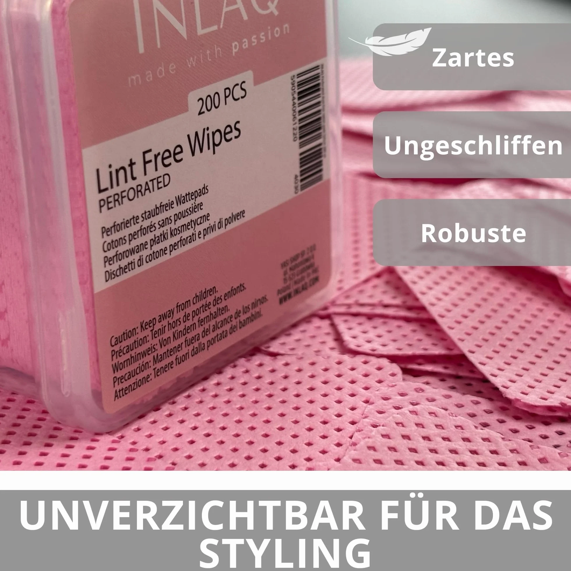 INLAQ® Profesjonalne perforowane waciki bezpyłowe do paznokci - Delikatne czyszczenie i precyzja - Idealne do usuwania lakieru i przygotowywania paznokci - 100% bawełna 5x5 cm, 200 szt.