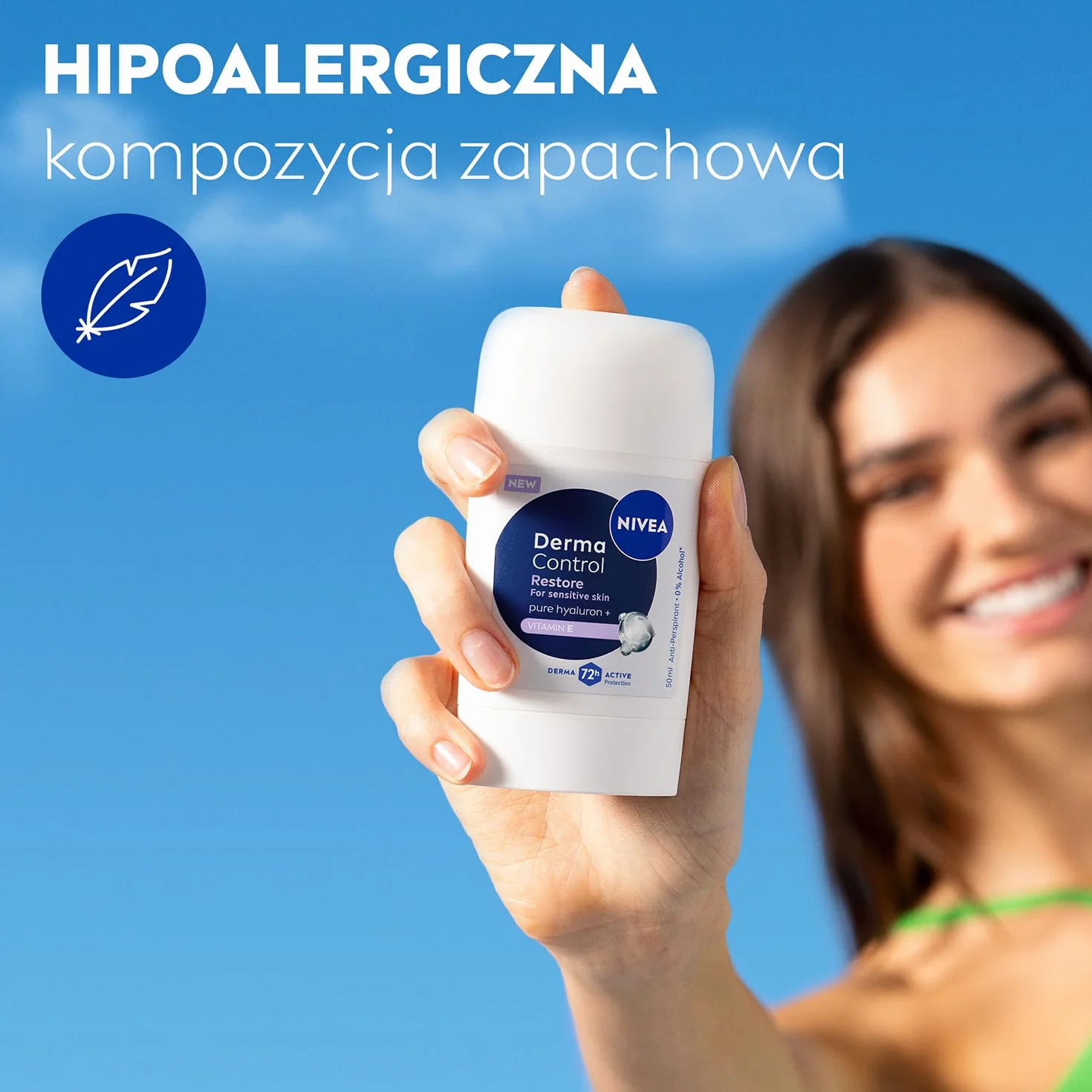 NIVEA Derma Control Restore Antyperspirant dla kobiet sztyft - 72h ochrony z kwasem hialuronowym i witaminą E, 50 ml