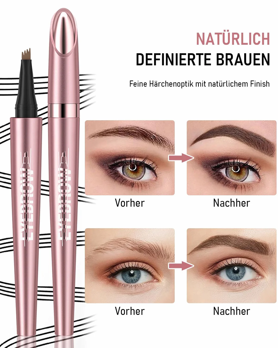 EONFAVE Kredka do brwi w płynie, 4 końcówki, z efektem przypominającym włosy, wodoodporna, odporna na wycieranie, naturalnie zdefiniowane brwi, precyzyjny wygląd mikrobladingu