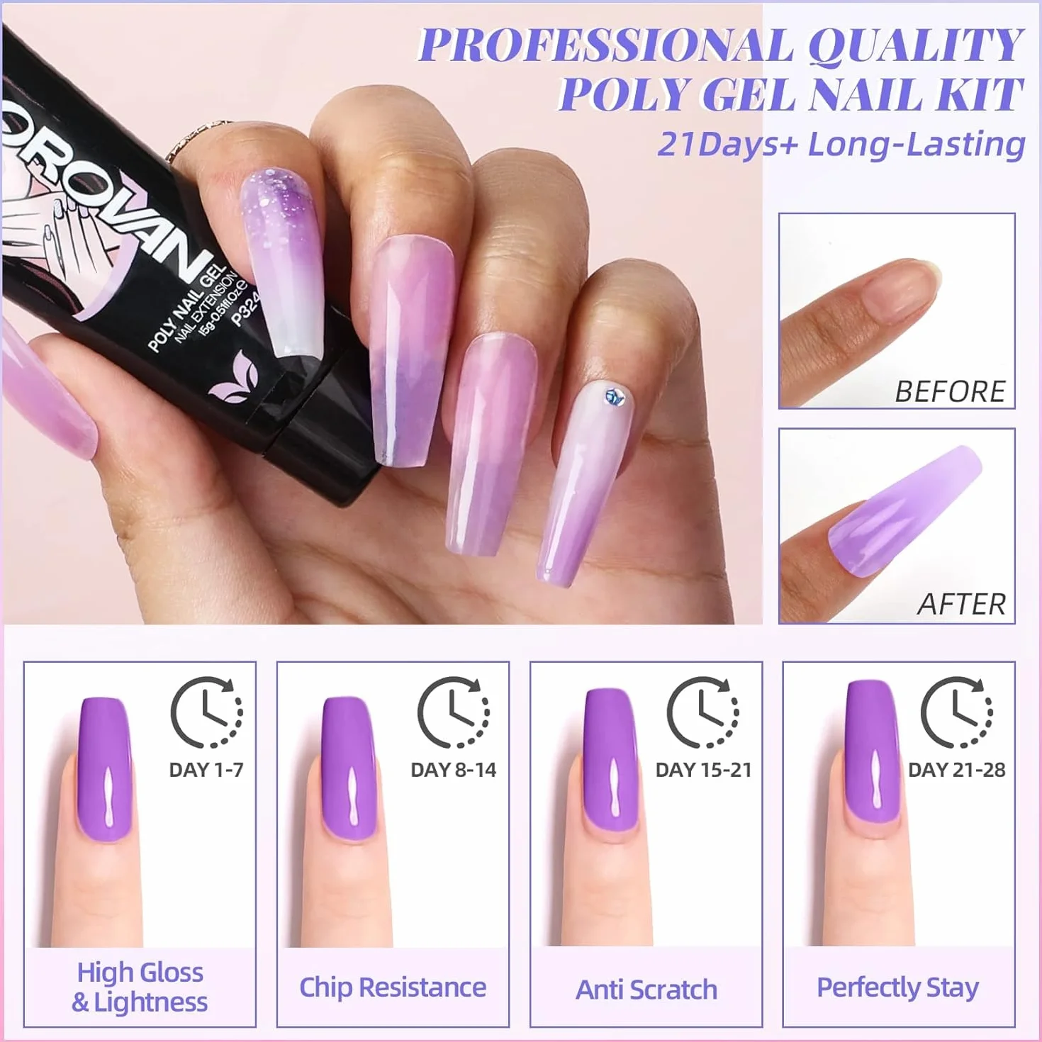 Morovan Poly Gel Starter Set 15 ml Przedłużacz paznokci żel z brokatem
