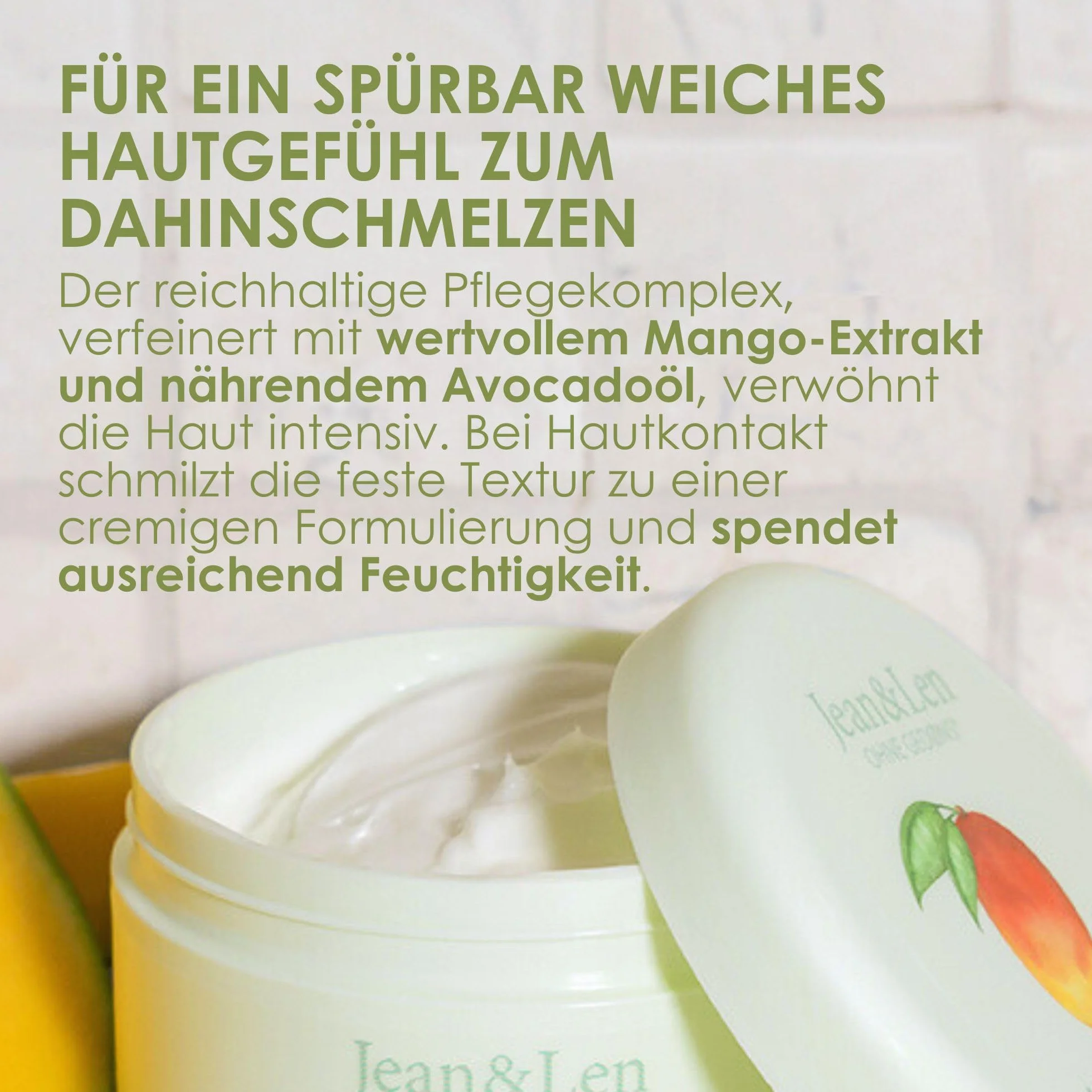 Jean & Len Egzotyczne masło do ciała, mango i awokado, intensywnie pielęgnuje suchą i bardzo suchą skórę, doskonałe pH skóry, o egzotycznym zapachu mango, masło do ciała, bez parabenów i silikonów,