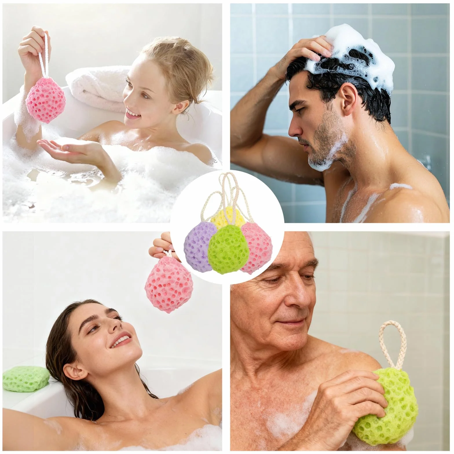 Zestaw 4 gąbek do kąpieli z haczykami - naturalne materiały, peeling, miękka pianka