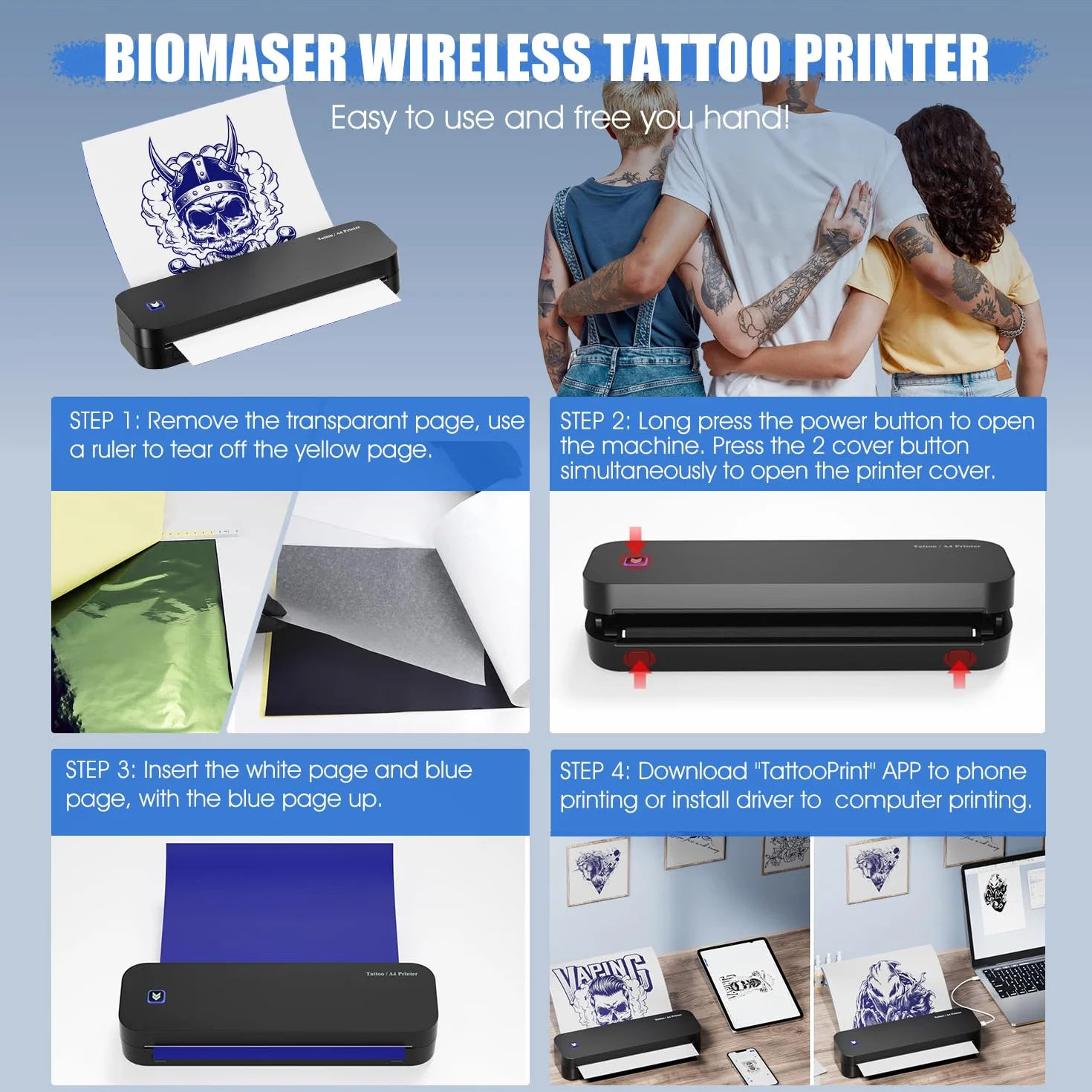 BIOMASER Drukarka do tatuażu Bluetooth, 20 arkuszy A4, profesjonalna maszyna kompatybilna z iPadem, telefonem i komputerem dla początkujących artystów