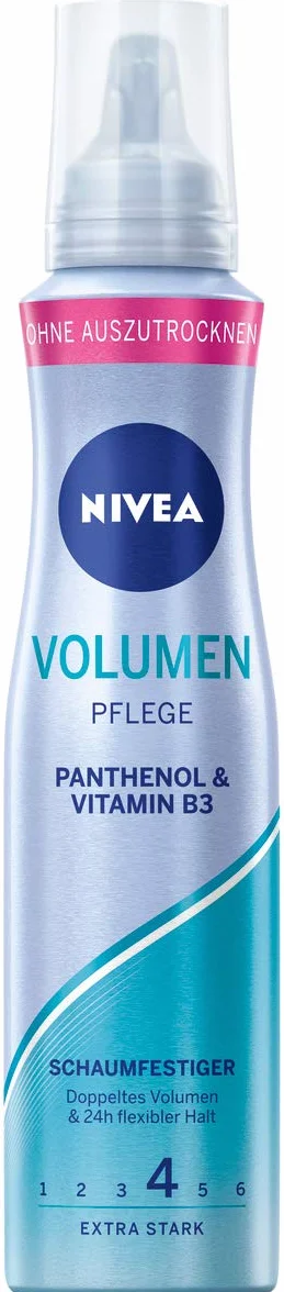 NIVEA Pianka do włosów z ochroną przed wysoką temperaturą, pantenol i witamina B3, utrwalająca objętość włosów dla widocznej większej objętości (poziom utrzymania 4), mus do stylizacji (150 ml)