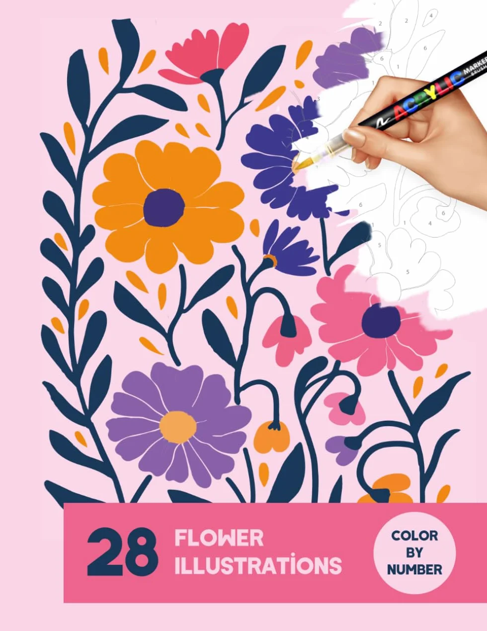 28 Flower Illustrations: Color by Number