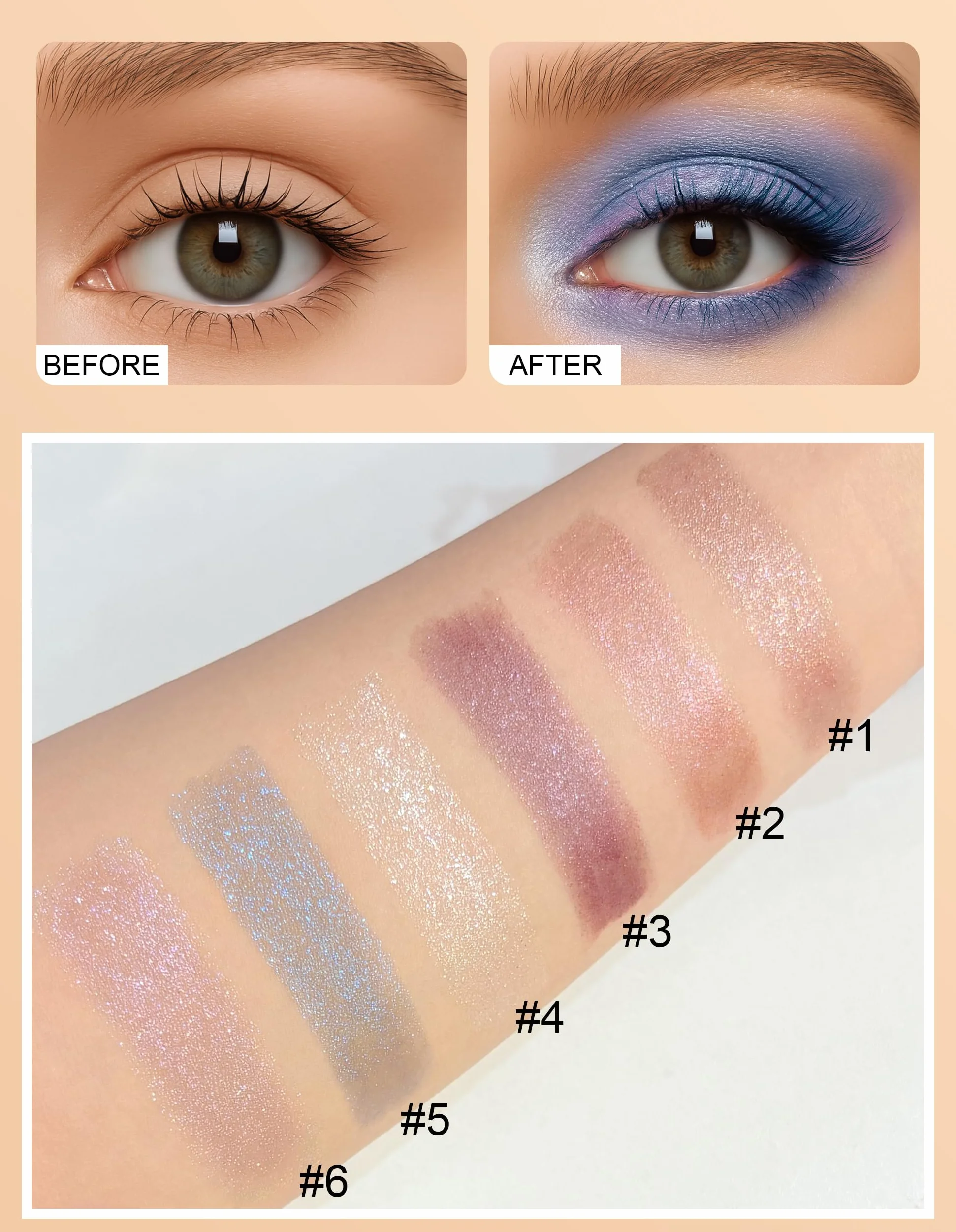 Erinde Glitter Stick Eyeshadow, wodoodporny cień do powiek, wysoka krycie, kremowa tekstura, łatwy do cieniowania, jasny perłowy efekt, możliwość użycia jako eyeliner i rozświetlacz #6