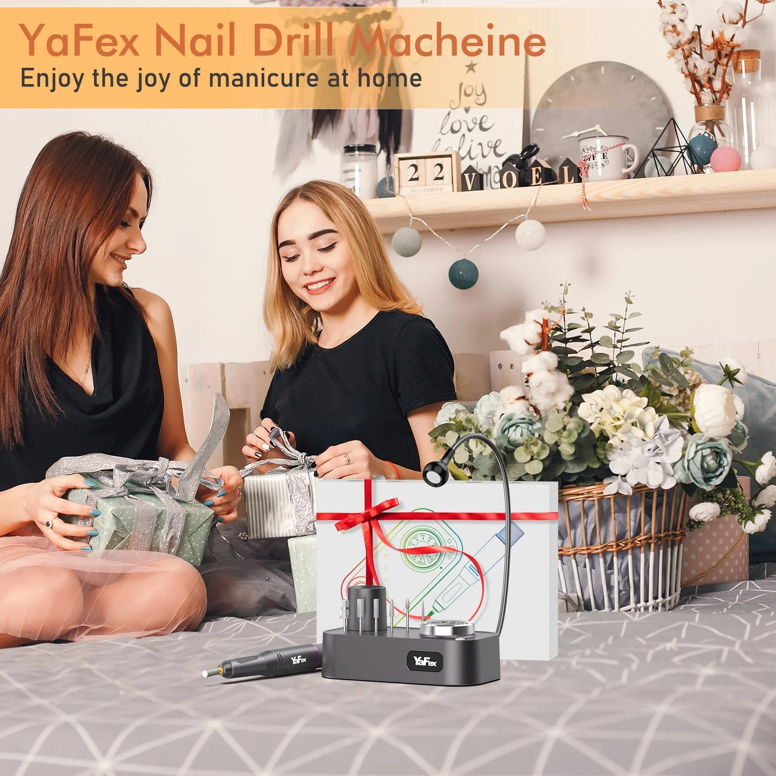 YaFex bezprzewodowa frezarka do paznokci, 25 000 obr./min, elektryczna frezarka do paznokci żelowych z 12 końcówkami, pilnik do paznokci, zestaw do manicure, pedicure z lampą LED