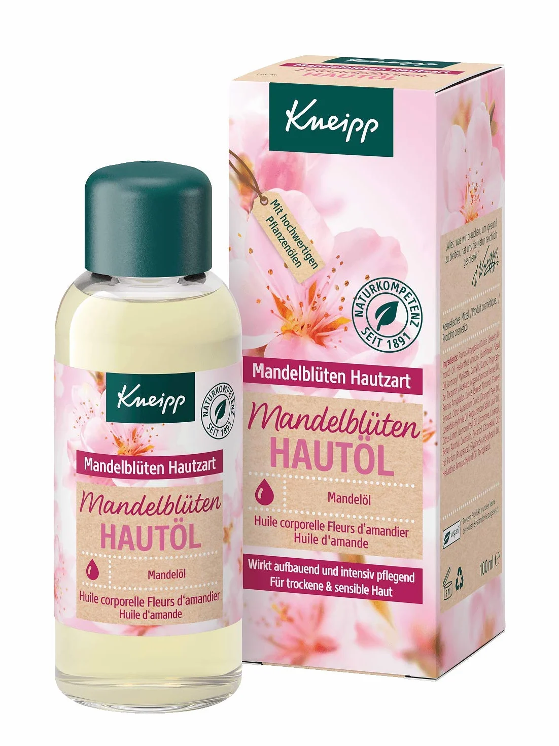 Kneipp Olejek do skóry z kwiatami migdałowymi, wysokiej jakości olejek migdałowy z bogatym masłem shea, olejkiem słonecznikowym i witaminą E – naturalny kompleks olejków pielęgnacyjnych – do suchej i wrażliwej skóry – 100 ml (1 opakowanie)