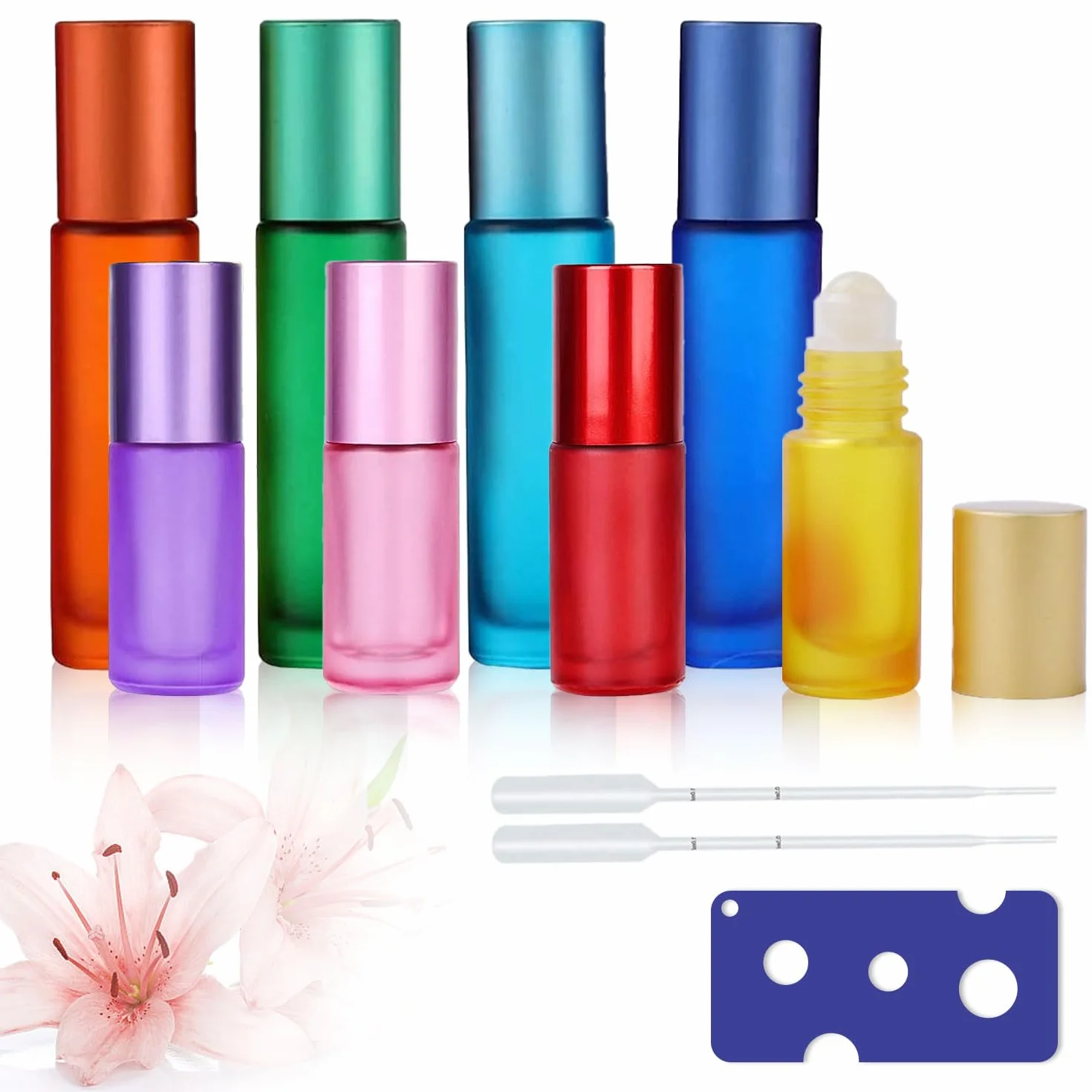 Roll on szklane butelki na olejki eteryczne, dezodorant w kulkach do napełniania, 10 ml, 5 ml, szklane butelki, wielokolorowe, do masażu perfum, olejku eterycznego, 8 sztuk