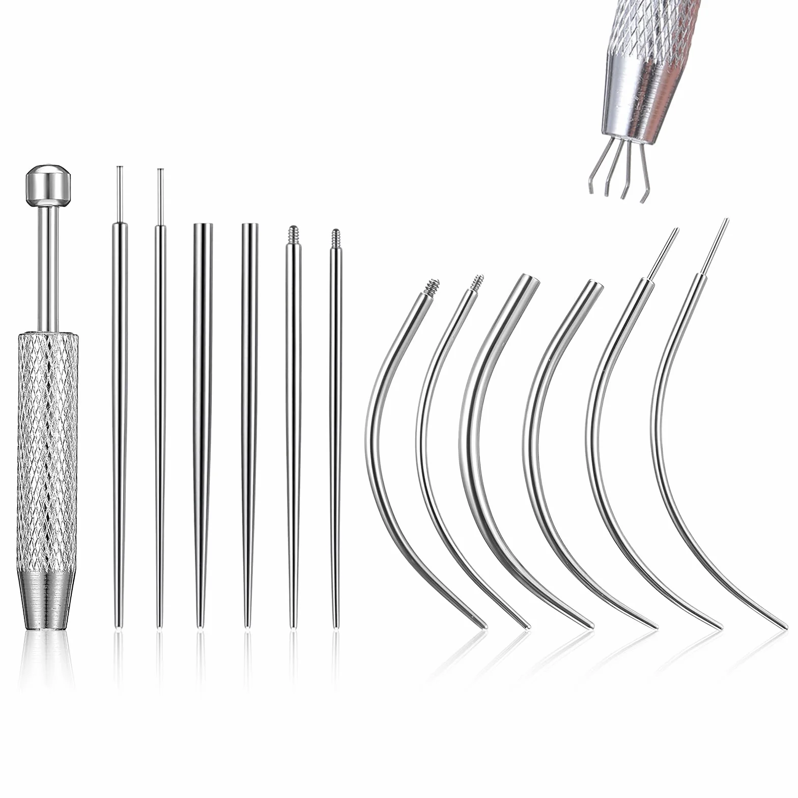 13 szt. narzędzie do piercingu kulkowego 14G, 16G, 18G, 20G, aplikator do kolczyków ze stali nierdzewnej, z gwintowanym i bezgwintowanym trzpieniem do wkładania, zakrzywiony, wciskany, do piercingu
