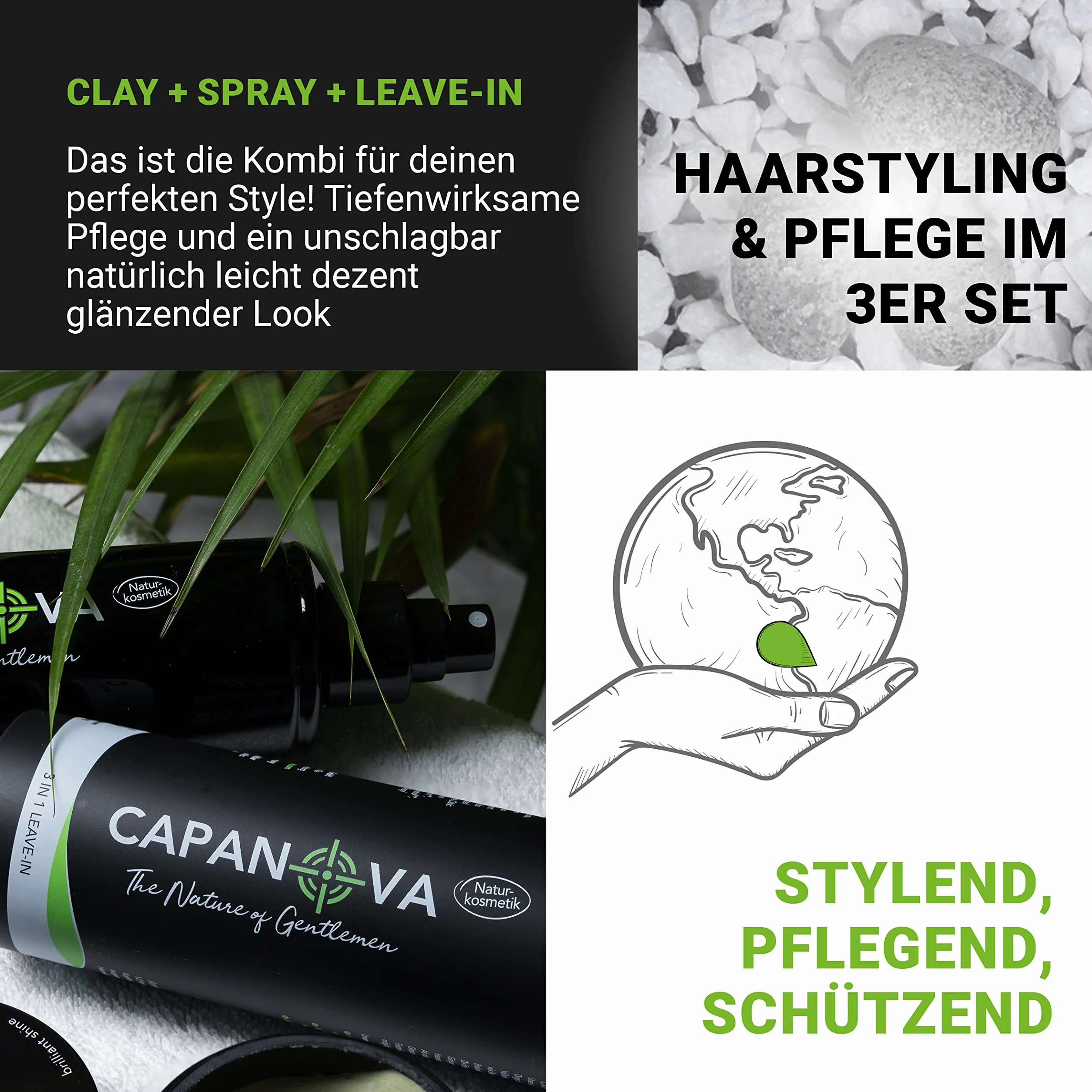 CAPANOVA błyszczący zestaw 3 szt. dla mężczyzn I naturalny kosmetyk All in One Grooming Clay (79 g), spray (200 ml) i 3 w 1 (150 ml) dla mocnego trzymania i błyszczącego wykończenia, stylizacja włosów i pielęgnacja włosów