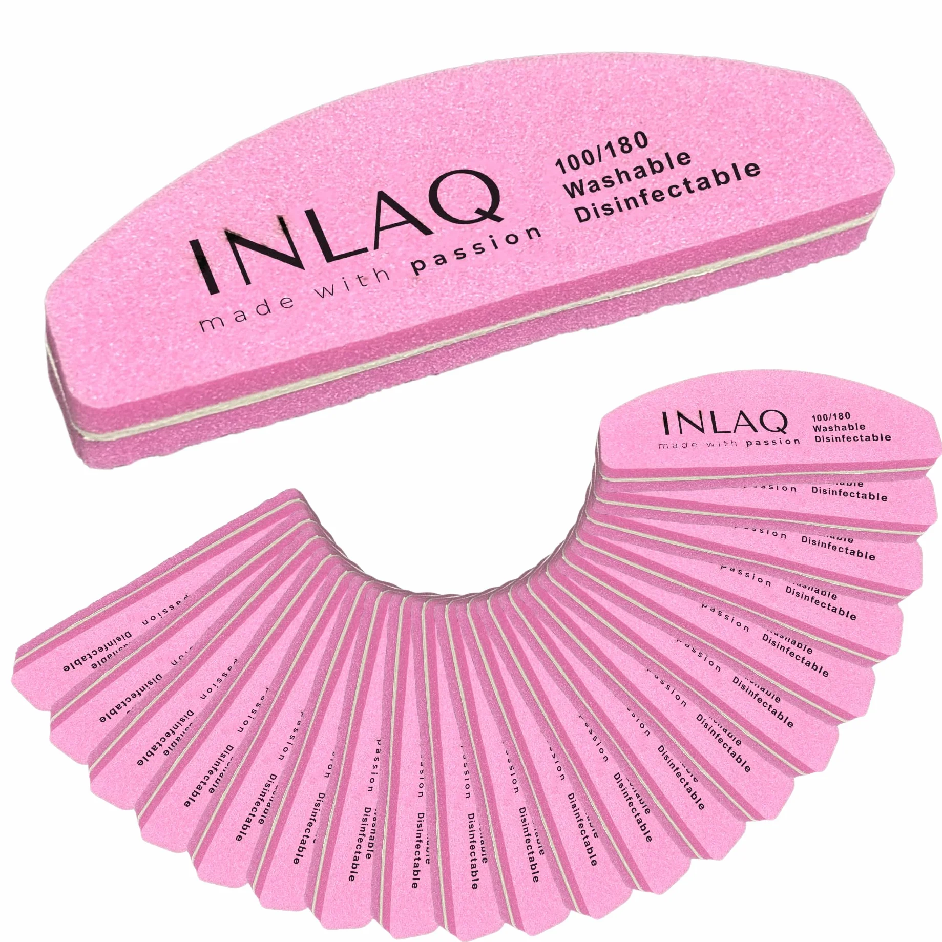 INLAQ® Mini Polerka do paznokci 100/180 - Pilniki do Manicure - Dwustronne Pilniki do Paznokci żelowych - Zmywalne i Wielokrotnego użytku – Idealne do Salonu i Użytku Domowego – Różowy