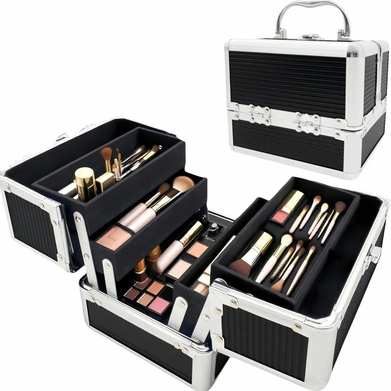iGadgitz Twarde Etui Vanity Beauty Case Pudełko do przechowywania makijażu 4 rozkładane tace czarny