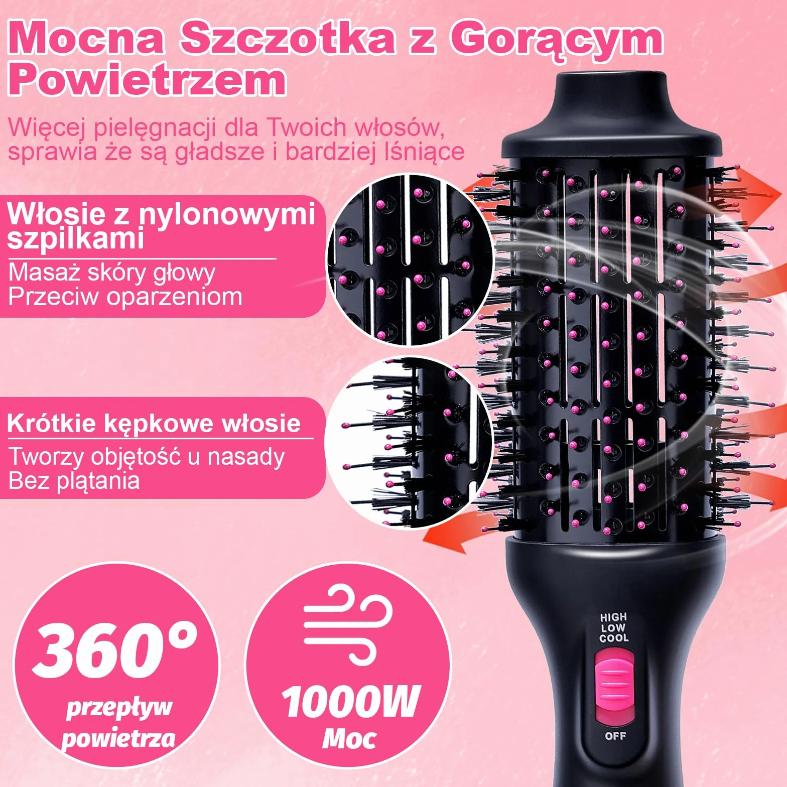 Pędzel na Powietrze Gorące 4 w 1, 3 Temperatury, 2 Siły Wiatru do Suszenia, Objętości, Wygładzania i Tworzenia Łuków