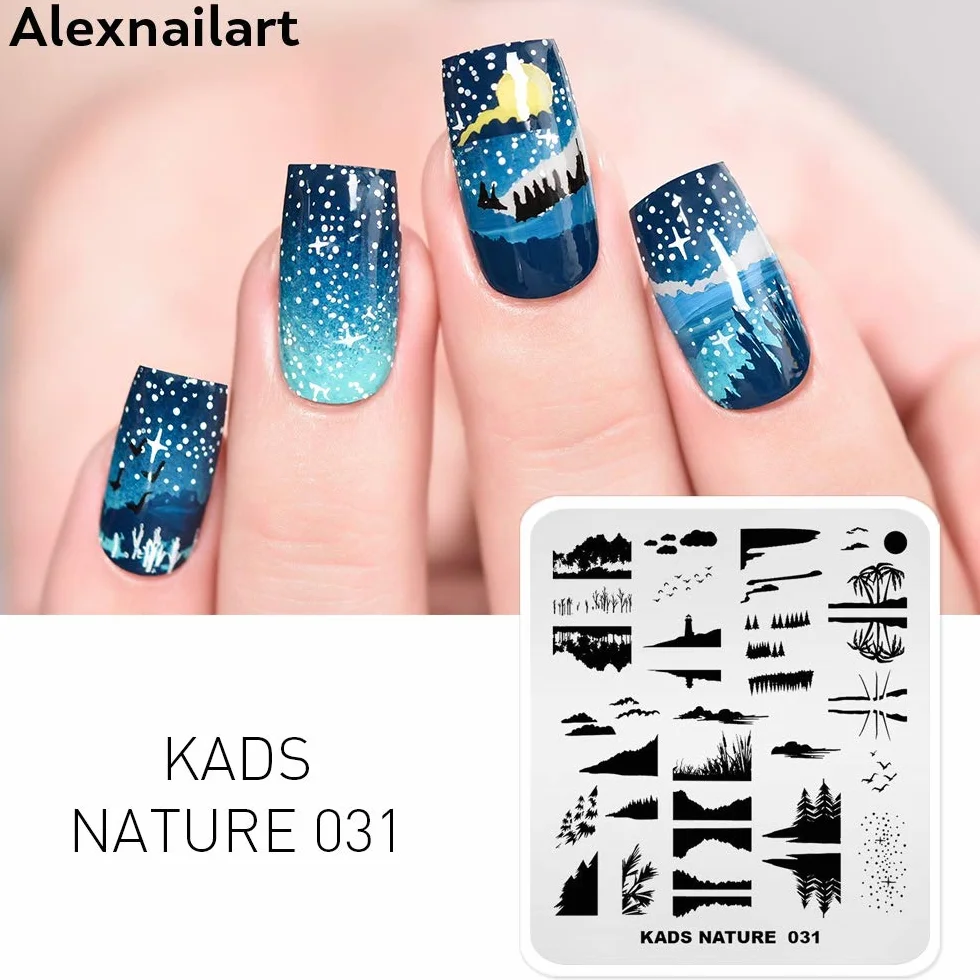 Tłoczenie paznokci talerz obraz szablon natura sceneria zachód słońca gwiaździste niebo drzewo kokosowe jezioro odbicie wzory stempel zdobienie paznokci dekoracja DIY manicure design narzędzie do drukowania
