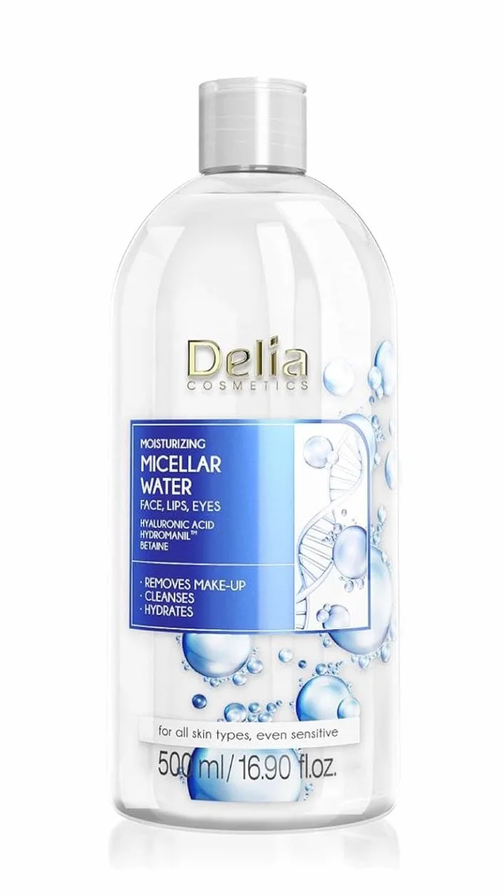 Delia Cosmetics – Nawilżający Płyn Micelarny – Do Wszystkich Rodzajów Skóry – Twarz – Oczy – Usta – Oczyszczenie Cery z Zanieczyszczeń i Makijażu – Bez Pocierania – Bez Spłukiwania – Bez Efektu Ściągniętej Skóry – Bez podrażnień - Kwas Hialuronowy – Hydro