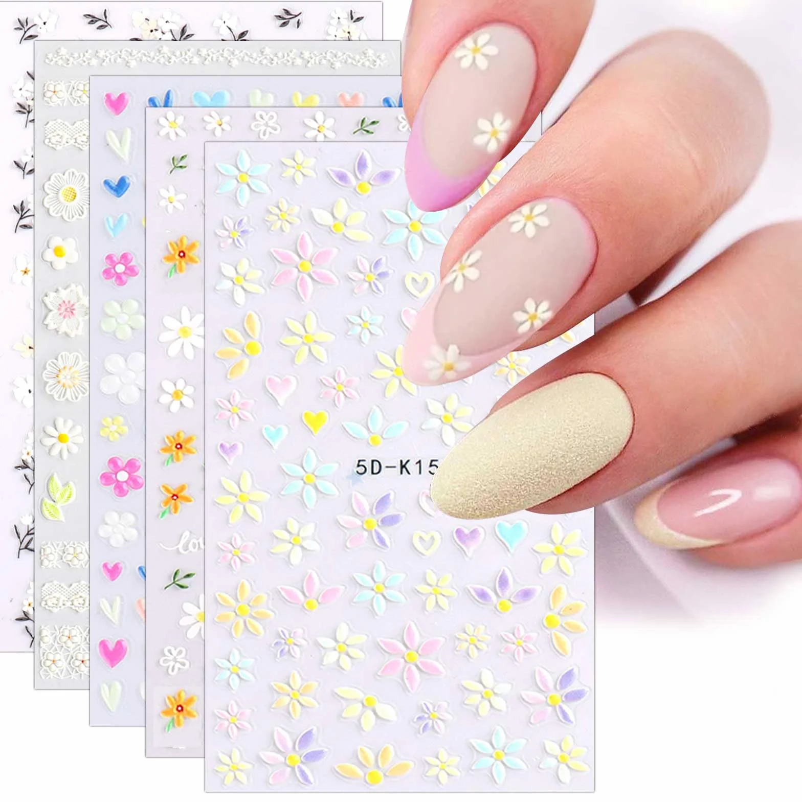 Naklejki na Paznokcie 3D Kwiat 5 Arkuszy Nail Art Sticker Samoprzylepne Dekoracji