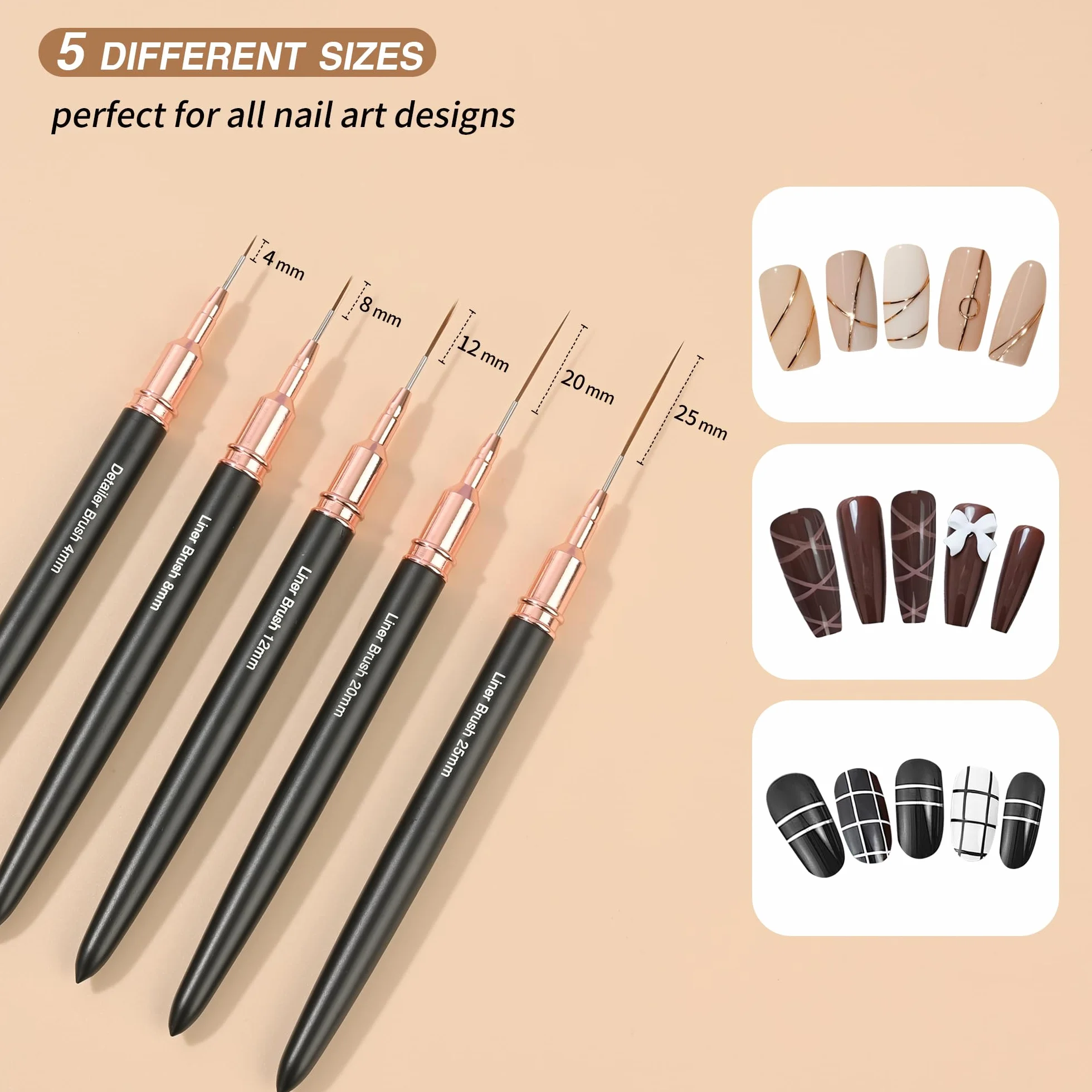 Pędzle do sztuki paznokci 5Pcs Nail Art Liner Zestaw do projektowania paznokci Czarny