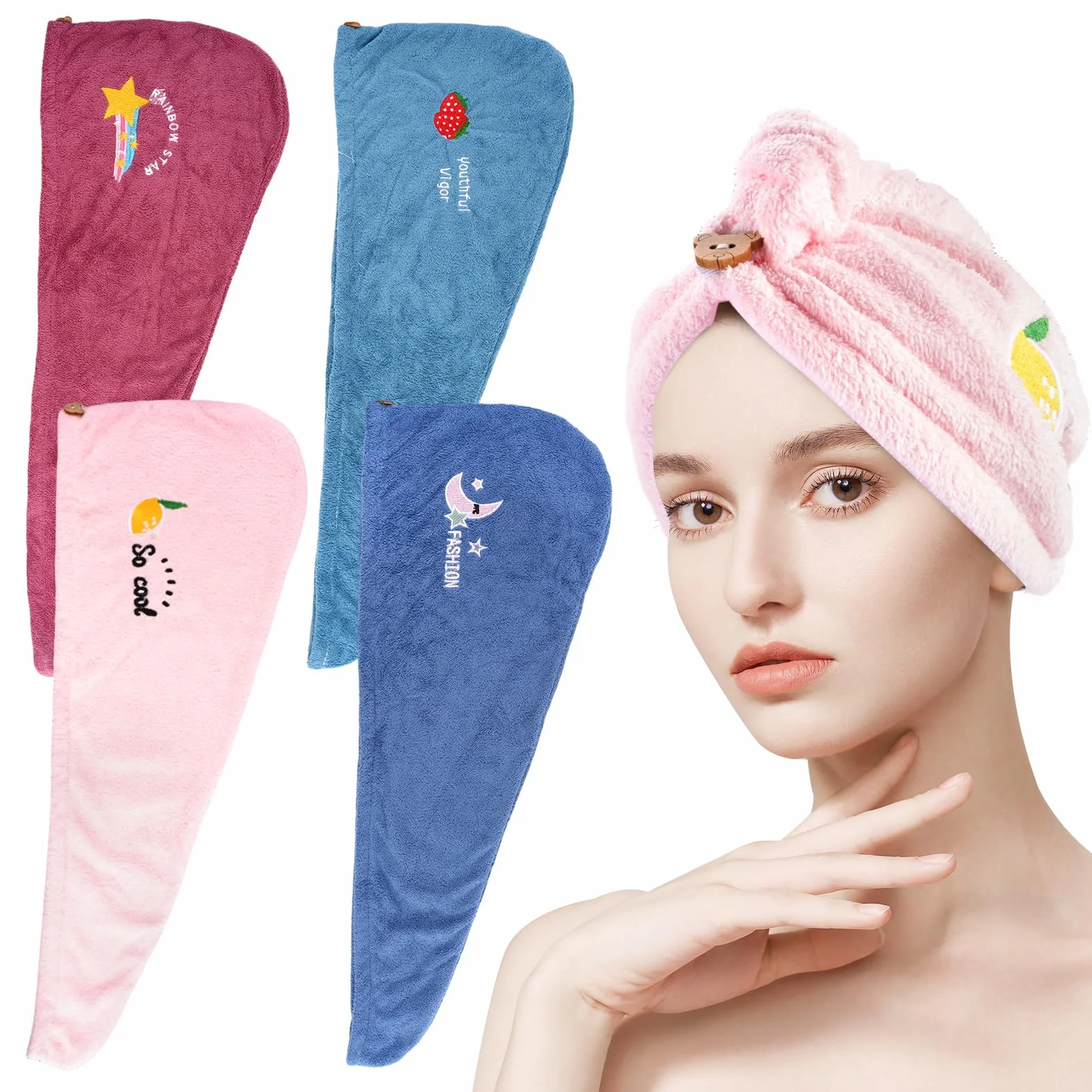 4 turban do włosów dla kobiet, 65 x 25 cm, zestaw turbanów do włosów, ręcznik z mikrofibry, zestaw turbanów do włosów, ręcznik z mikrofibry, do gospodarstwa domowego, salonów fryzjerskich, studia