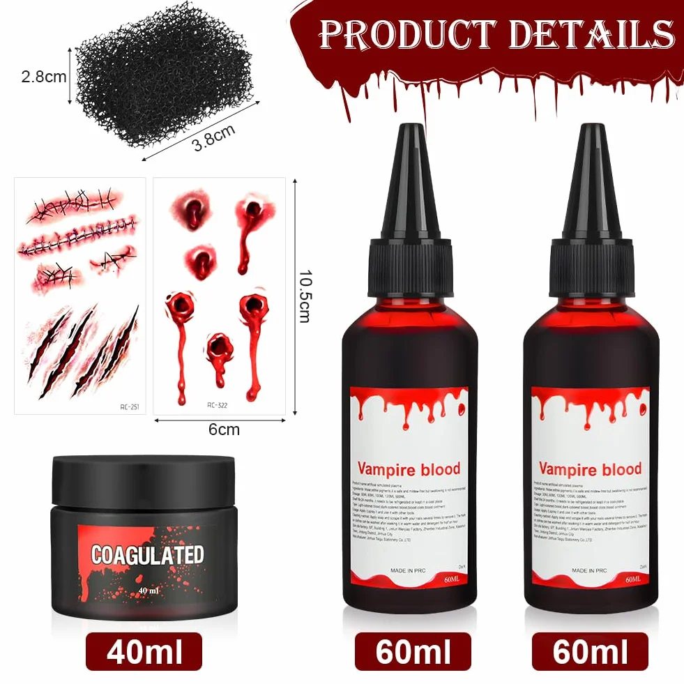 Sztuczna krew makijaż Halloween zestaw 6 sztuk 2×60ml Kapiąca 50ml Zakrzepła plazma krwi Gąbka stipple 2×Zszyte blizny tatuaże Fake Blood realistyczna SFX