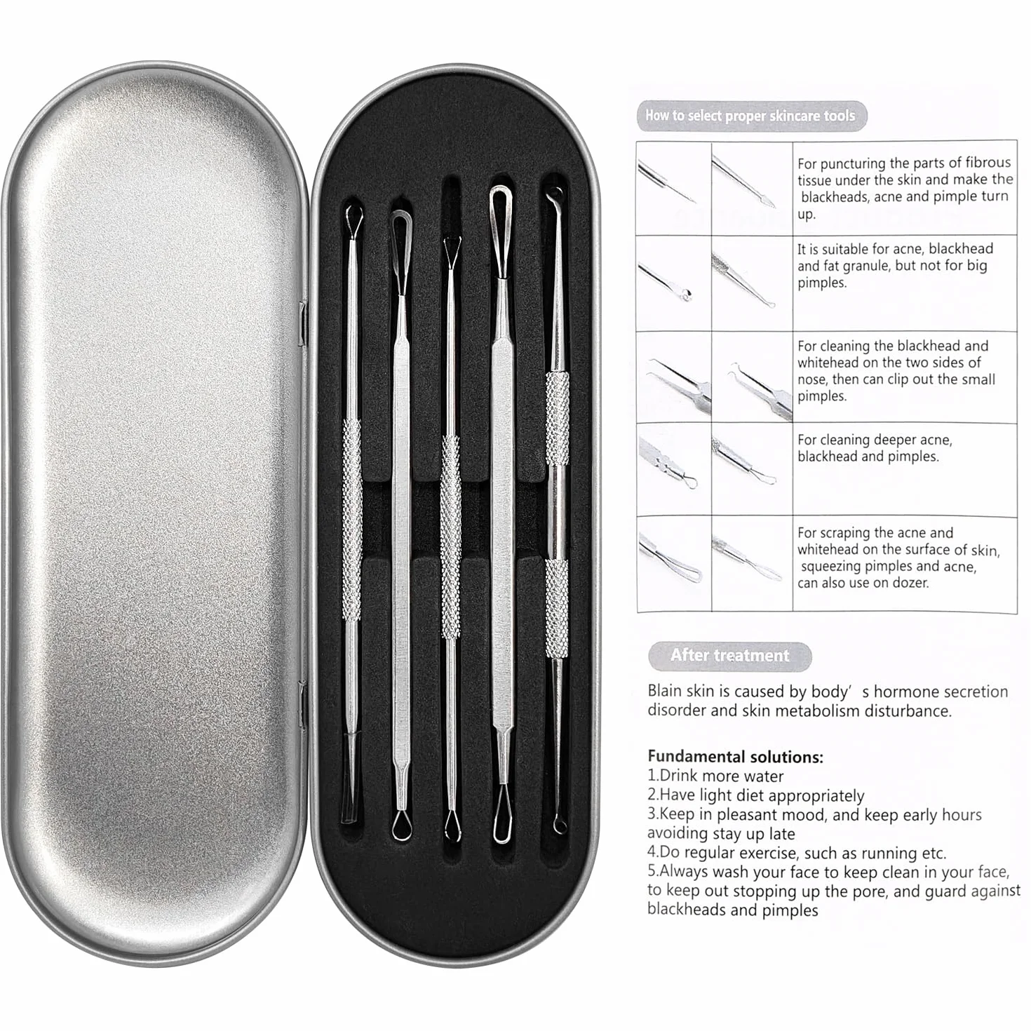 com-four® Zestaw do Usuwania Zaskórników – 5-czesciowe Narzedzia ze Stali Nierdzewnej do Oczyszczania Twarzy, Blackhead Remover – Ekstraktor Komedonów, Wyprysków i Zanieczyszczen dla Czystej Skóry