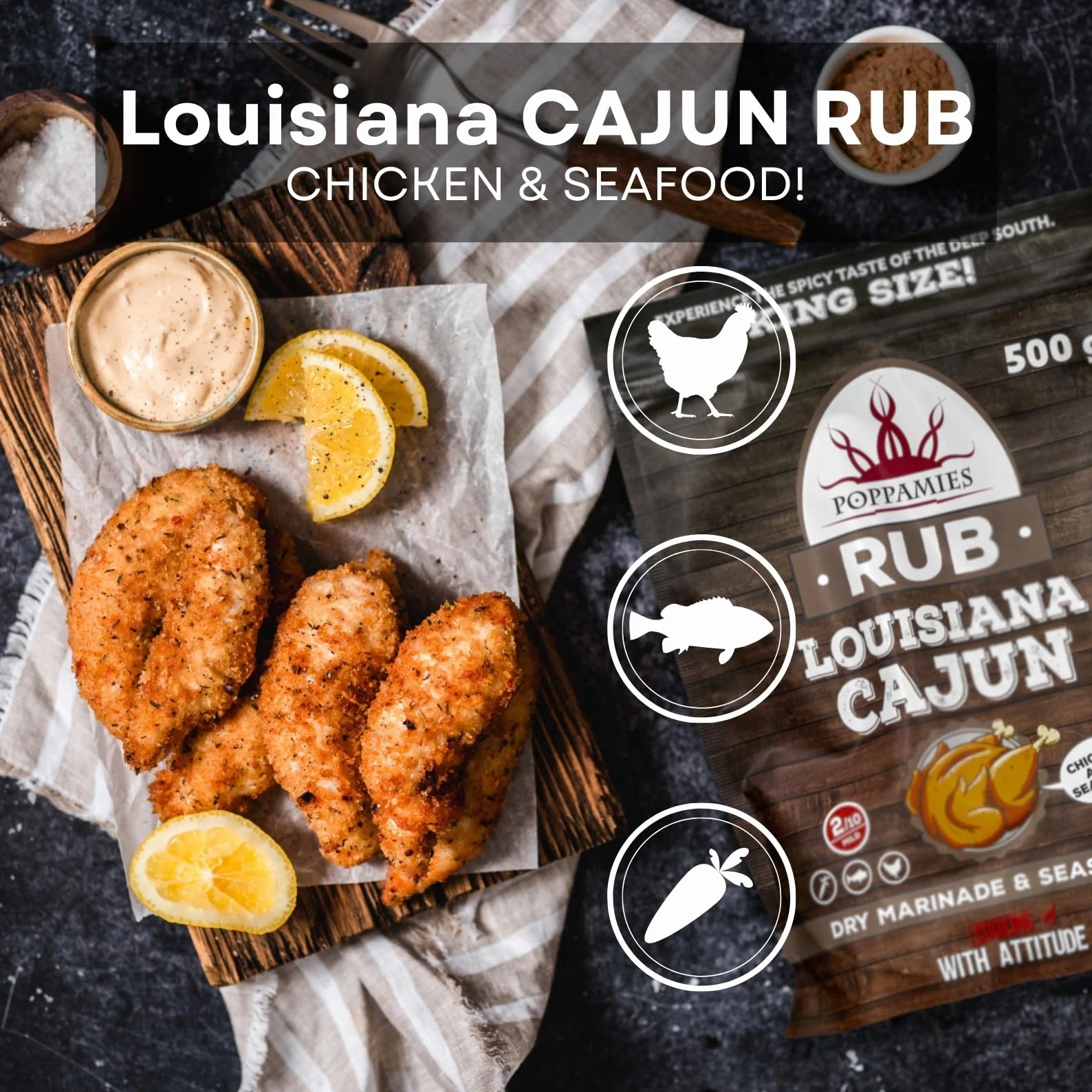 Poppamies Louisiana Cajun BBQ Rub - 100% naturalna przyprawa do grilla - Sucha marynata i przyprawy do kurczaka i owoców morza - duże opakowanie 500g