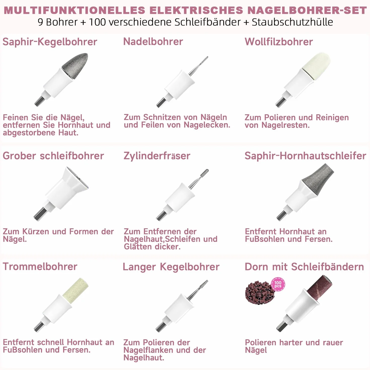 Elektryczne frezarki do paznokci Profesjonalny zestaw do manicure i pedicure 9 wiertła 10 prędkości LCD LED