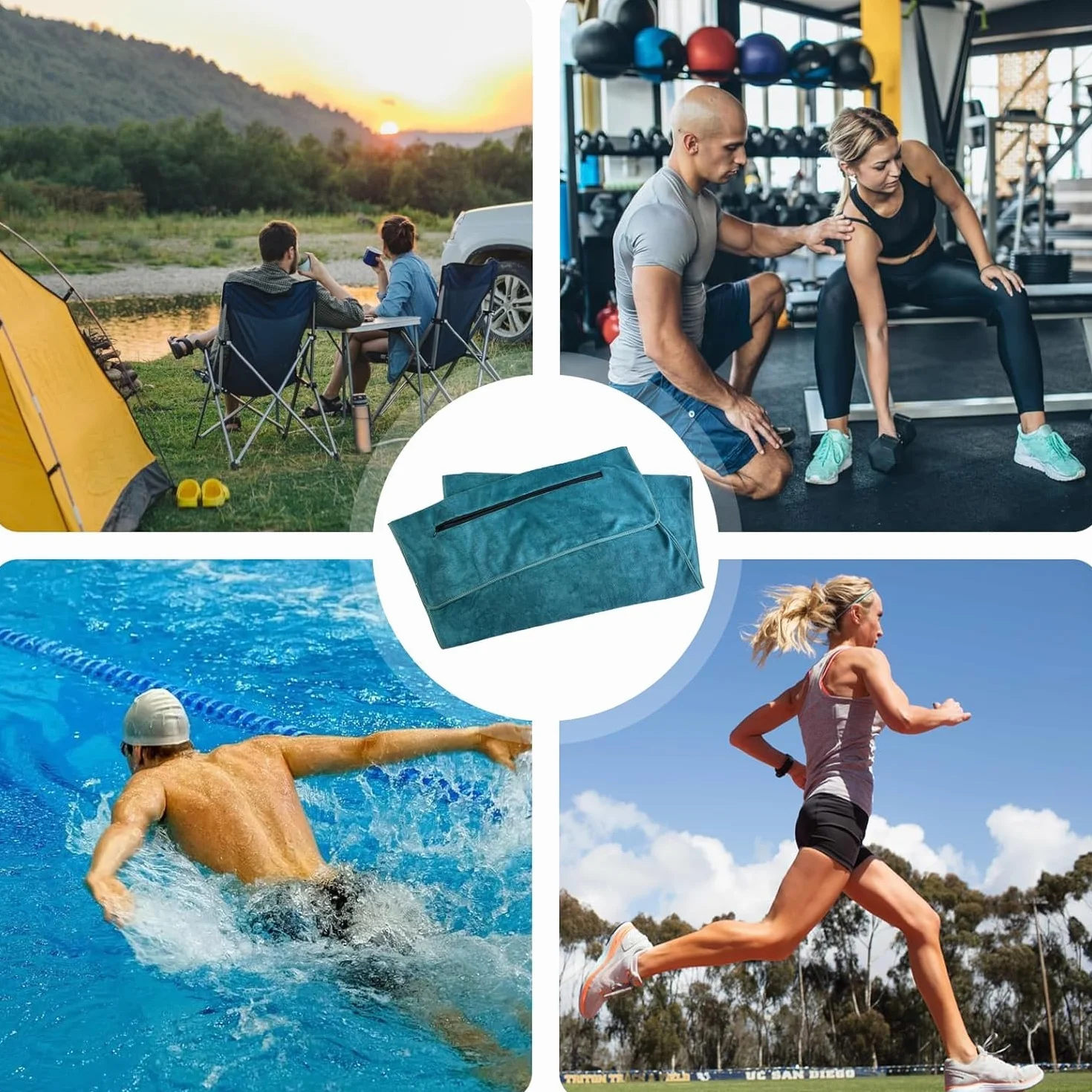 Ręcznik sportowy, fitness z kieszenią na zamek błyskawiczny, 120 x 50 cm, do studia fitness i treningu, do uprawiania sportu, niebieski
