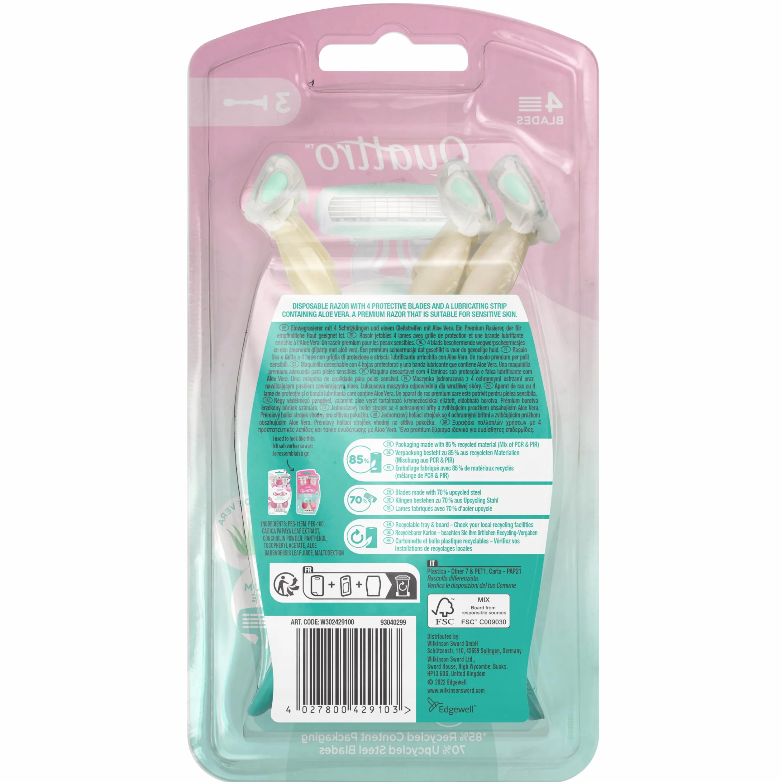 Wilkinson myIntuition Smooth Sensitive Quattro damskie maszynki do golenia, dotyk aloesu, 3 szt