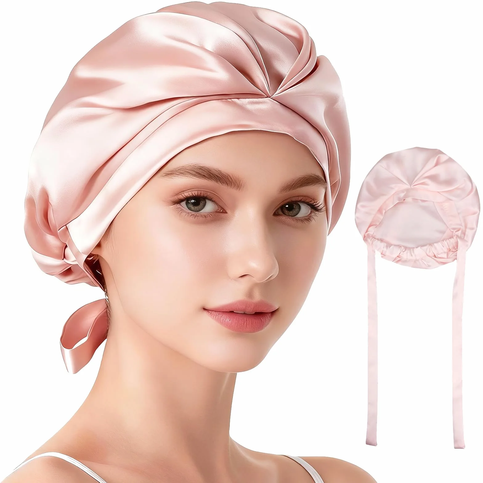 Jedwabny czepek do spania, 100% jedwab morwowy, regulowana, miękka czapka do spania Bonnet jedwabna do kręconych i prostych włosów, Rosa, Rozmiar uniwersalny
