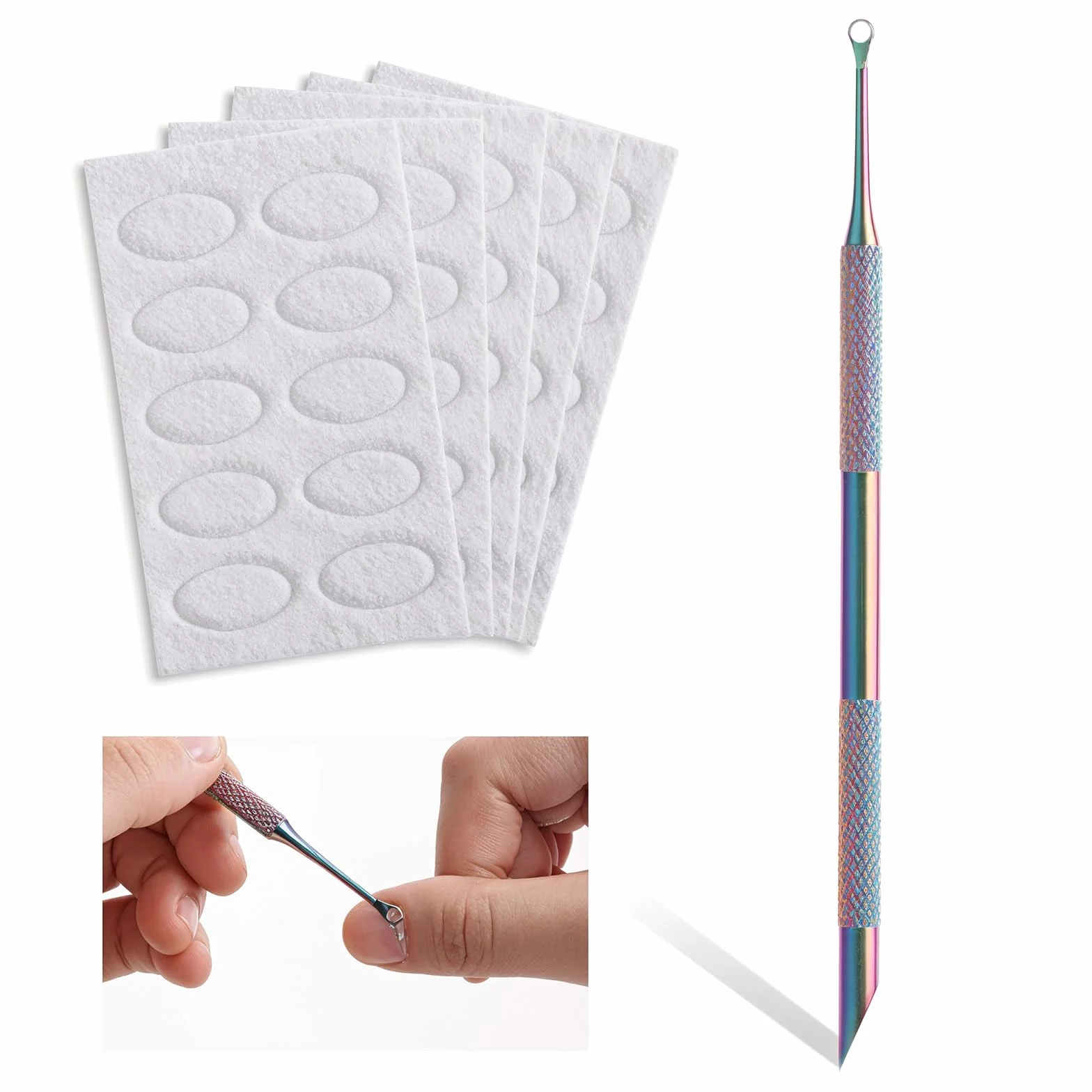 Skrobak do paznokci ze stali nierdzewnej, podwójna końcówka, 5 arkuszy papieru ściernego