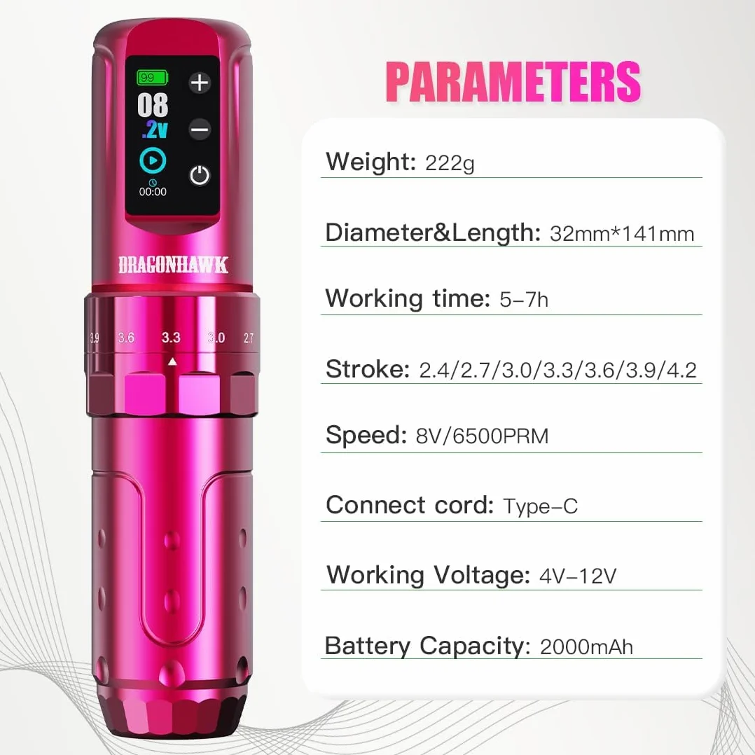Dragonhawk L3 Tattoo Kit Cordless Cord Complete Tattoo Gun Pen Machine 7 Strokes Length 2 Batteries 2000mAh Power Supply with Rca Jack Pro Tattoo Needles for Beginner Pink