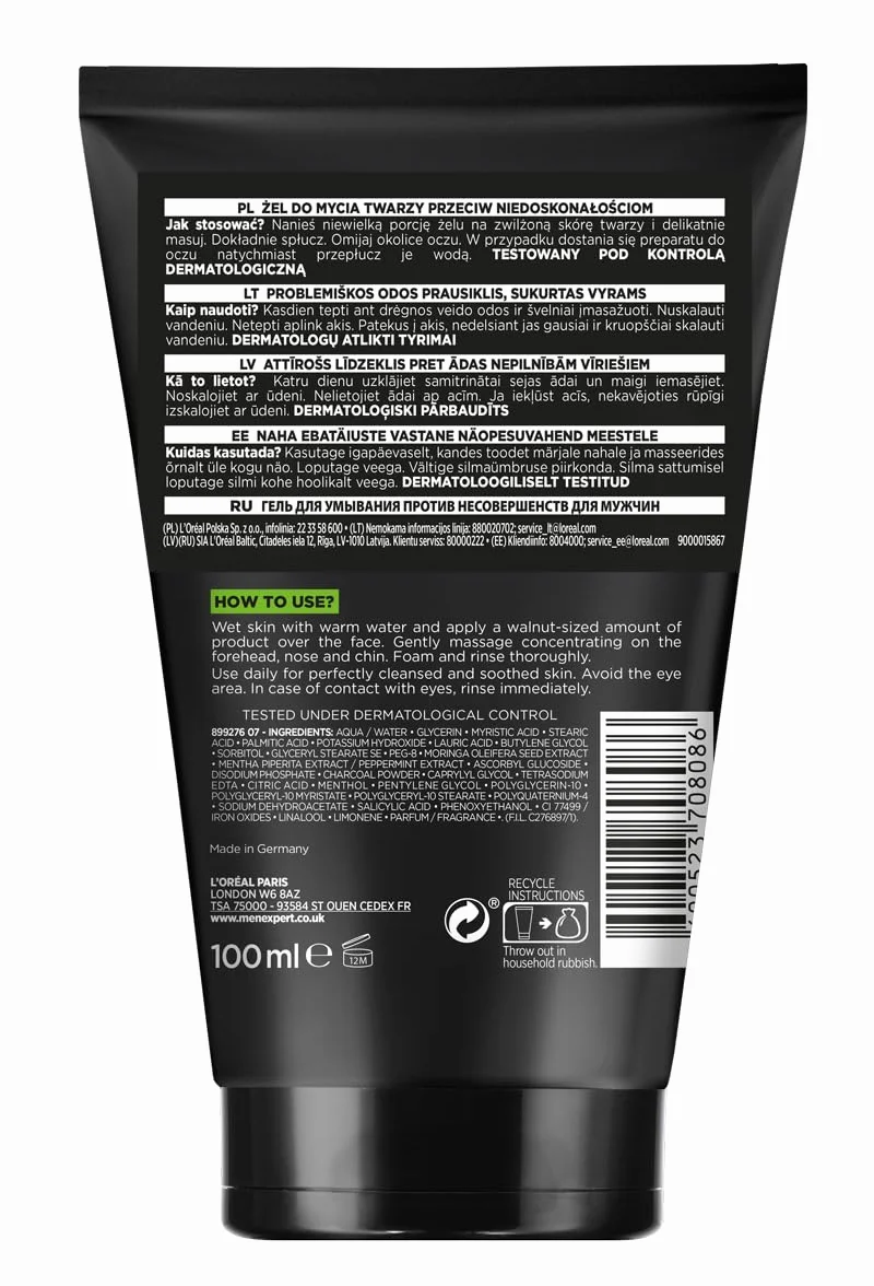 L'Oréal Paris Men Expert Pure Charcoal Żel do mycia twarzy przeciw niedoskonałościom 100 ml