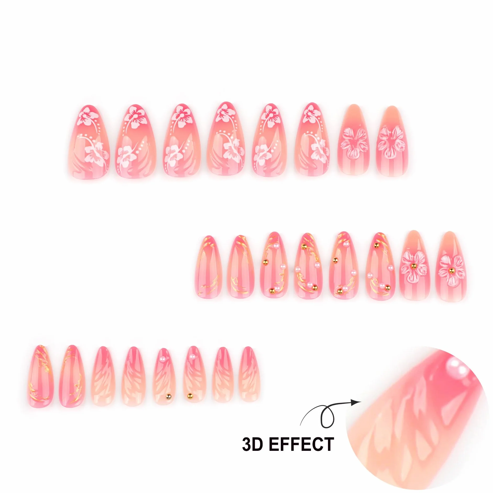 Press on Nails krótkie, migdałowy nude różowy airbrushing 3D kwiaty kwiatowy złoty pasek perła design migdał Y2k sztuczne paznokcie z żelem jelly, różowe kwiaty lato INS Sweet sztuczne