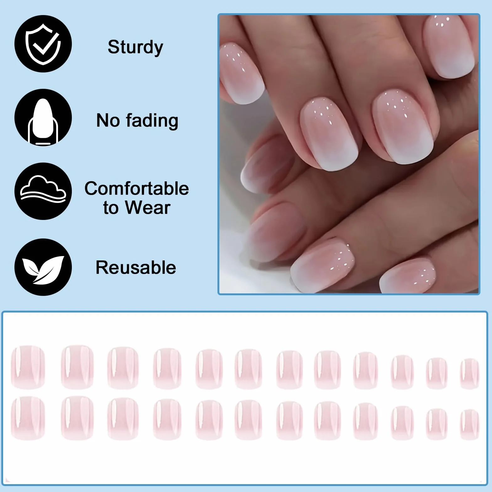 24 szt. Krótkie sztuczne paznokcie, kwadratowe samoprzylepne Nails Press on Nails, pełne pokrycie Sztuczne sztuczne paznokcie z klejem żelatynowym dla kobiet i dziewcząt (Gradient jasnoróżowy)