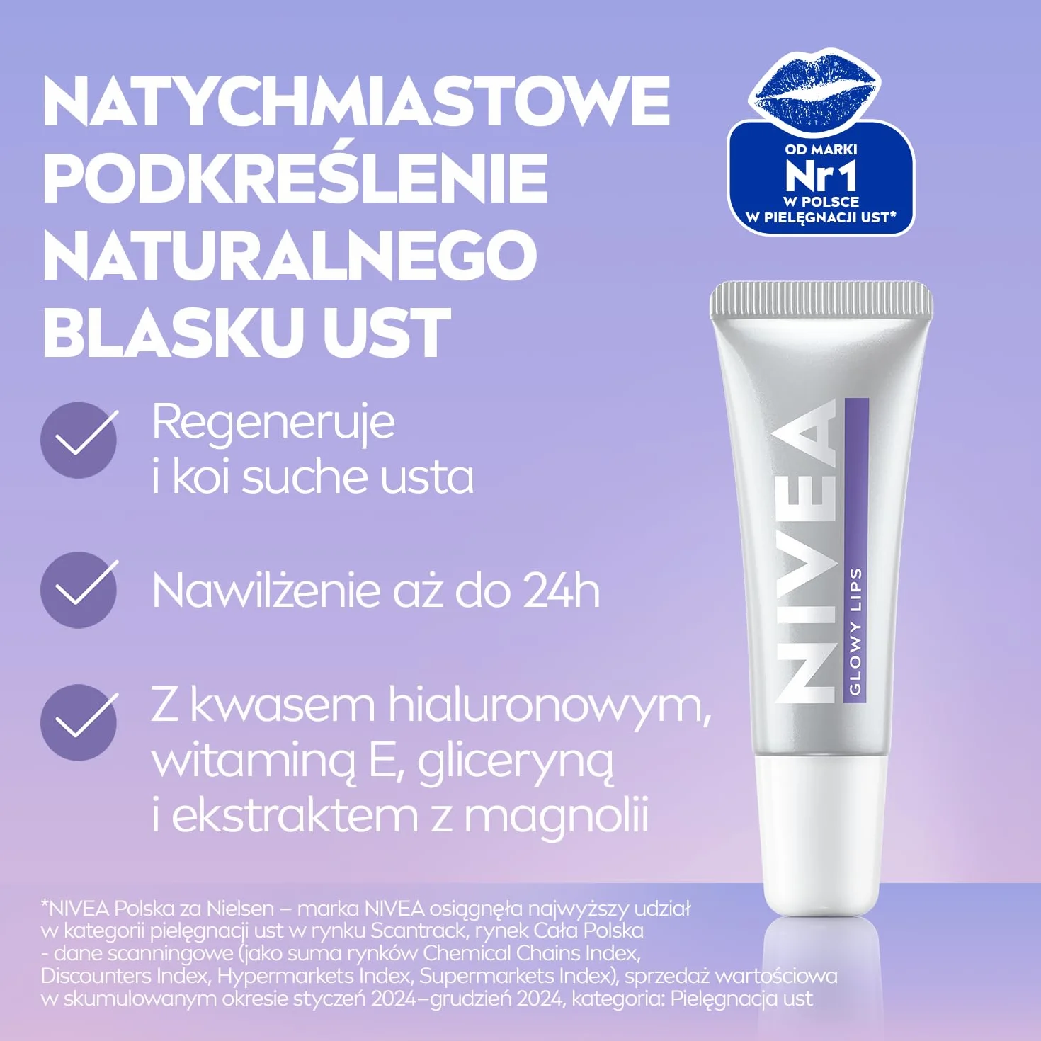 NIVEA Glowy Lips Balm balsam do ust kwas hialuronowy witamina E gliceryna ekstrakt z magnolii 10 ml