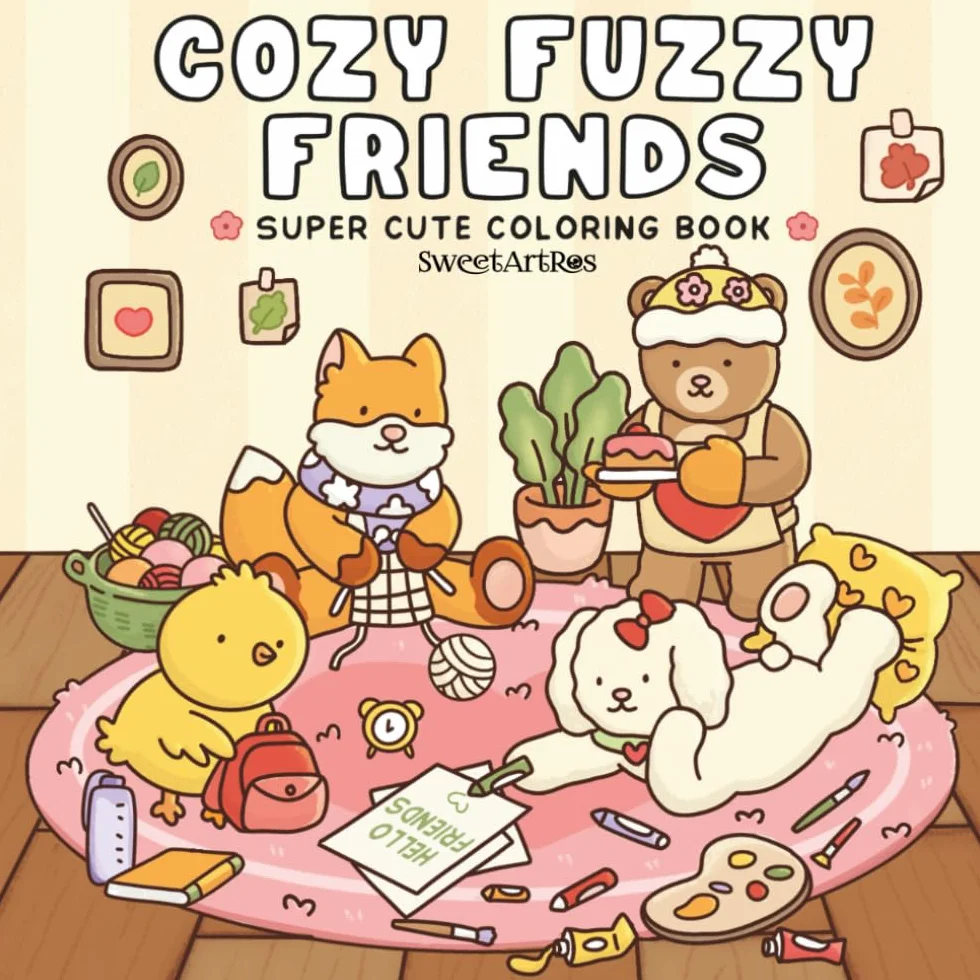 Cozy Fuzzy Friends: Coloring Book for Adults & Teens Featuring Super Cute Animal Characters in Hygge Inspired Scenes for Relaxation and Stress Relief.