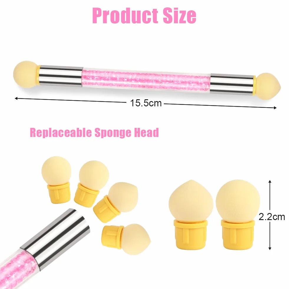 Narzędzia do renderowania paznokci, podwójna głowica Ombre Sponge Stick, gąbka do paznokci i pędzelek do kropek, aplikator gąbki, pędzel do pigmentów, aplikator pigmentowy (w zestawie 4 zapasowe)