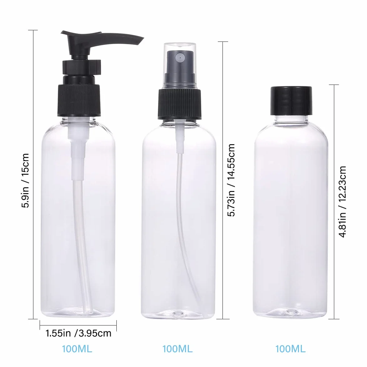 Zestaw plastikowych butelek podróżnych, 4 szt. szczelne puste butelki z rozpylaczem / pompką z pokrywkami i przezroczystą torbą do przenoszenia, 100 ml, butelki podróżne na szampon, odżywkę, balsam,