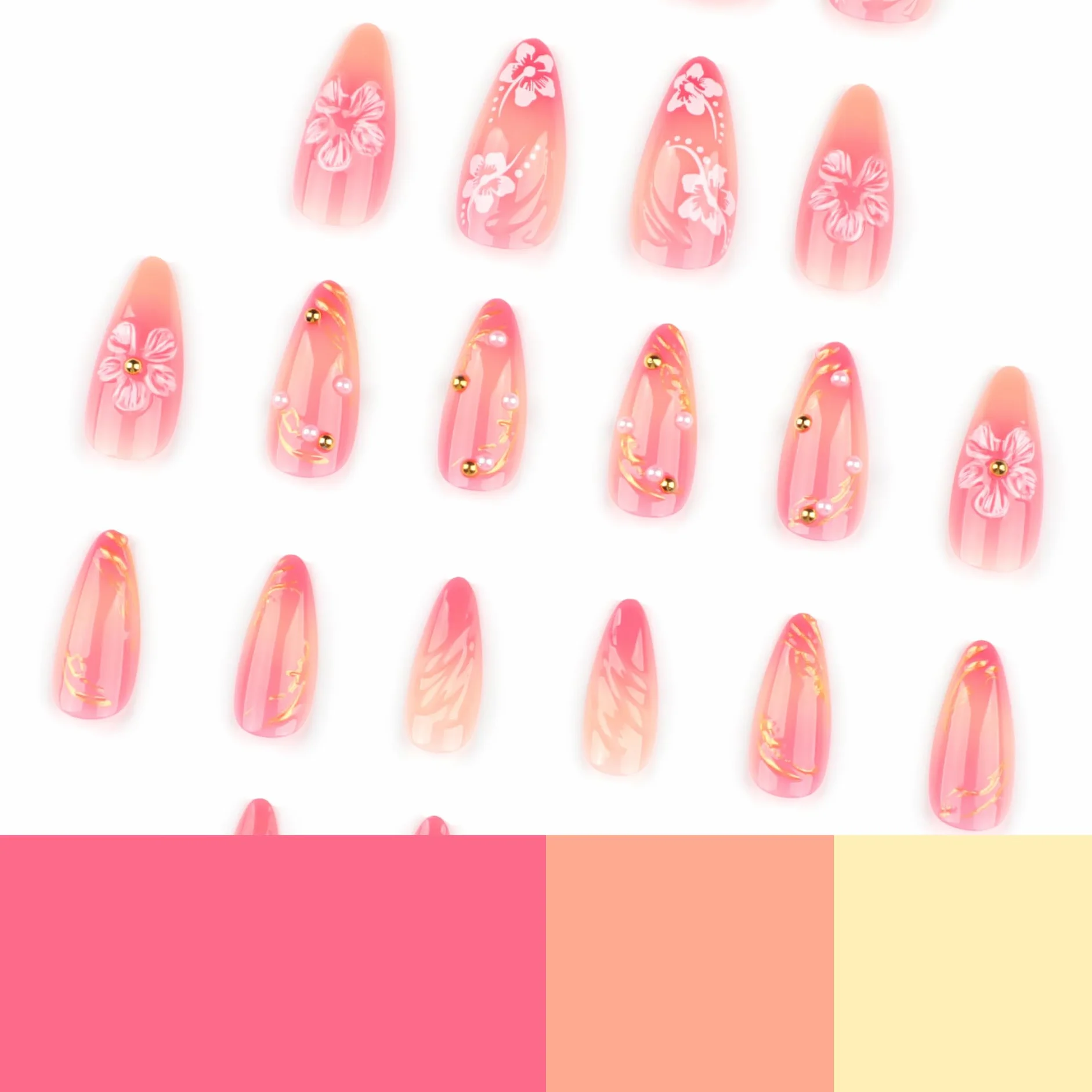 Press on Nails krótkie, migdałowy nude różowy airbrushing 3D kwiaty kwiatowy złoty pasek perła design migdał Y2k sztuczne paznokcie z żelem jelly, różowe kwiaty lato INS Sweet sztuczne