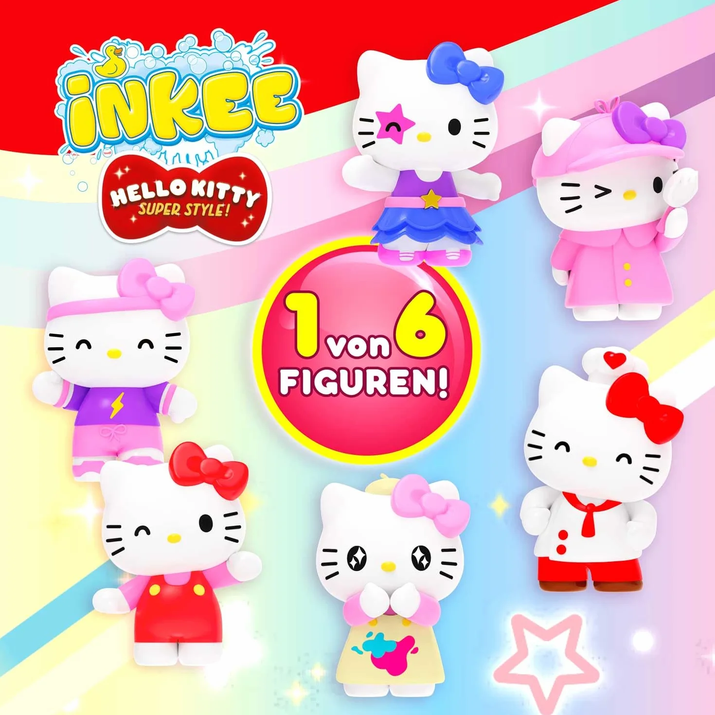 INKEE Hello Kitty – Bomba do Kąpieli dla Dzieci z Niespodzianką – 1 z 6 Figurek Hello Kitty do Zebrania – Kula do Kąpieli 80g z Aromatem Arbuza i Olejem Jojoba, Różowa lub Czerwona