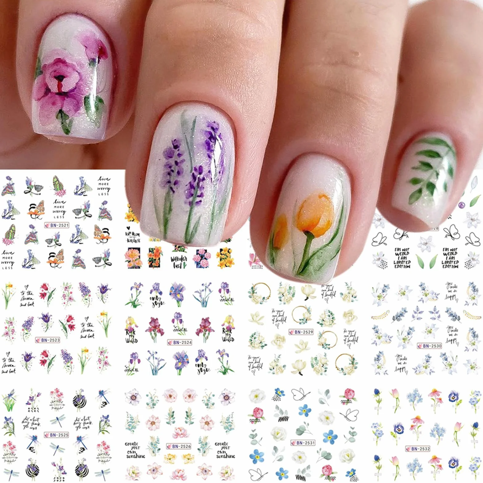 12 arkuszy naklejek na paznokcie w kwiaty, kwiaty tulipanów, orchidea, tekst, wzory do dekoracji paznokci dla kobiet, akcesoria do projektowania paznokci i dekoracja (kolor kolorowy)