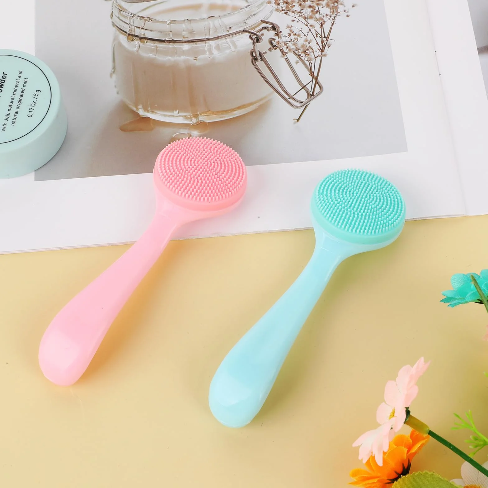 Silikonowy peeling do twarzy, 2 szt. szczotka do czyszczenia twarzy do zaskórników, usuwanie pozostałości makijażu, narzędzie do makijażu dla wszystkich rodzajów skóry (niebieski i różowy)