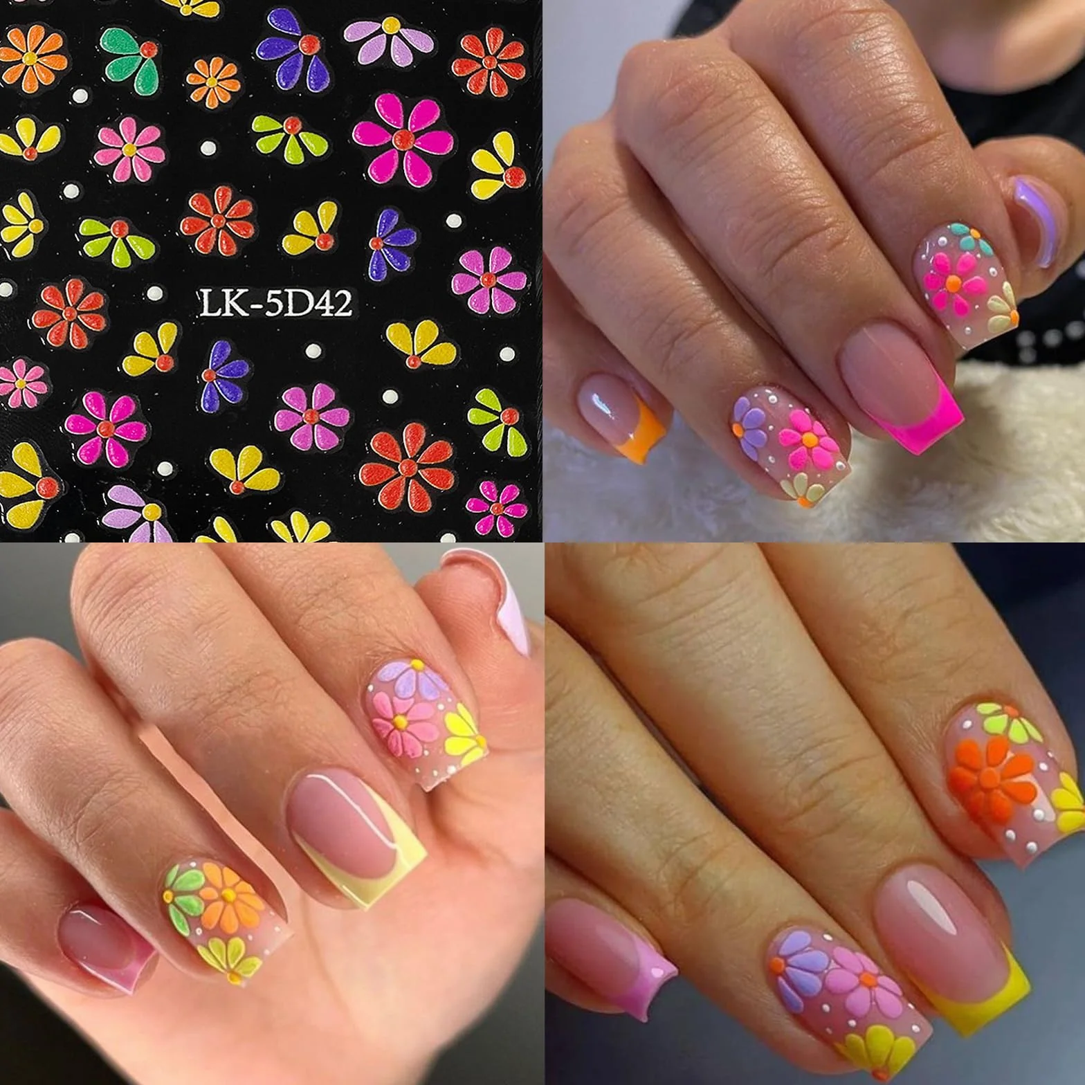 VelvetGlow Nail Art naklejka 5D drukowane kolorowe kwiaty naklejki na paznokcie samoprzylepne wiosna lato serce stokrotka akcesoria do paznokci 3D projekt paznokci dla kobiet dekoracja paznokci